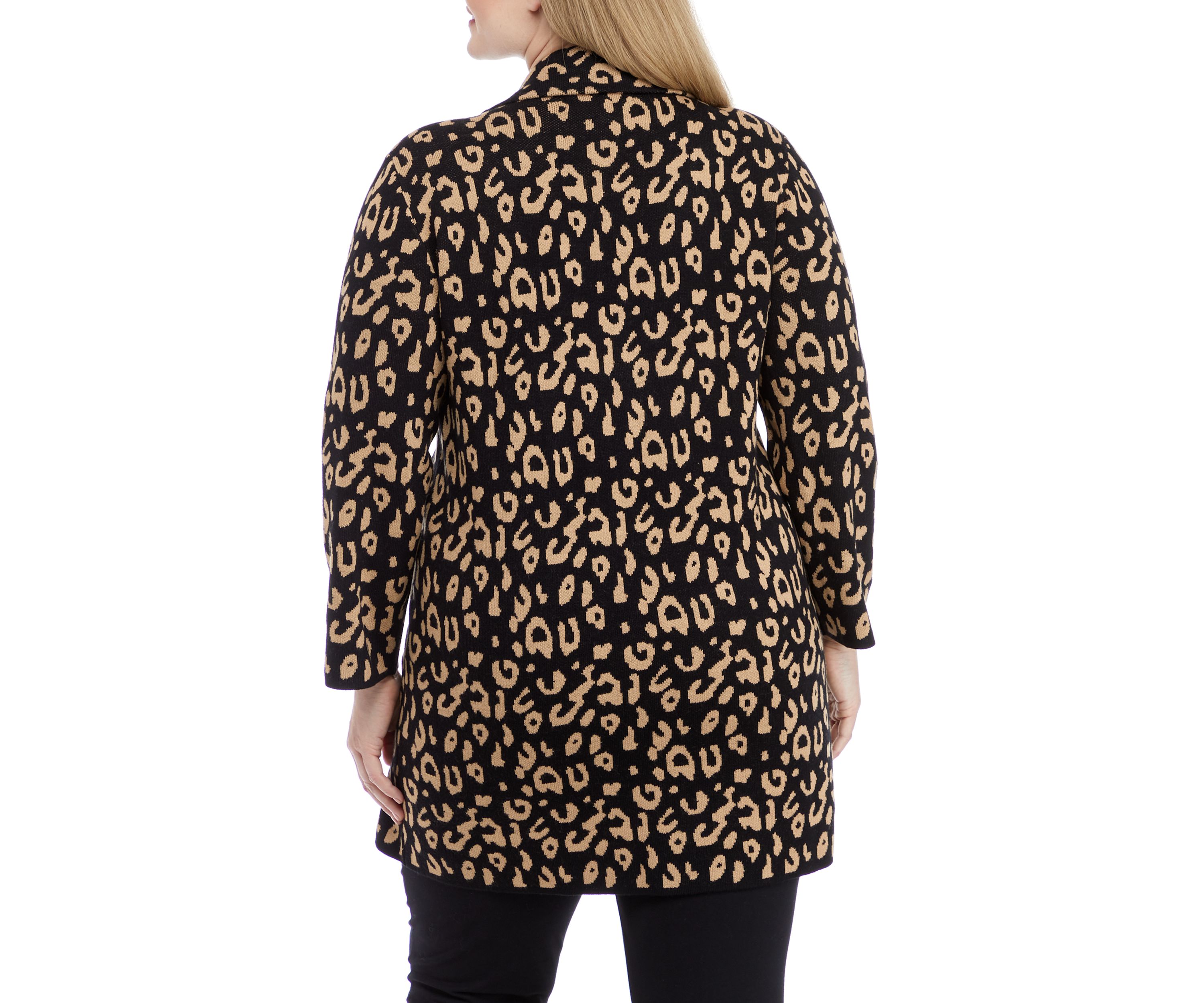 Plus Size Long Sleeve Notch Collar Leopard Coatigan