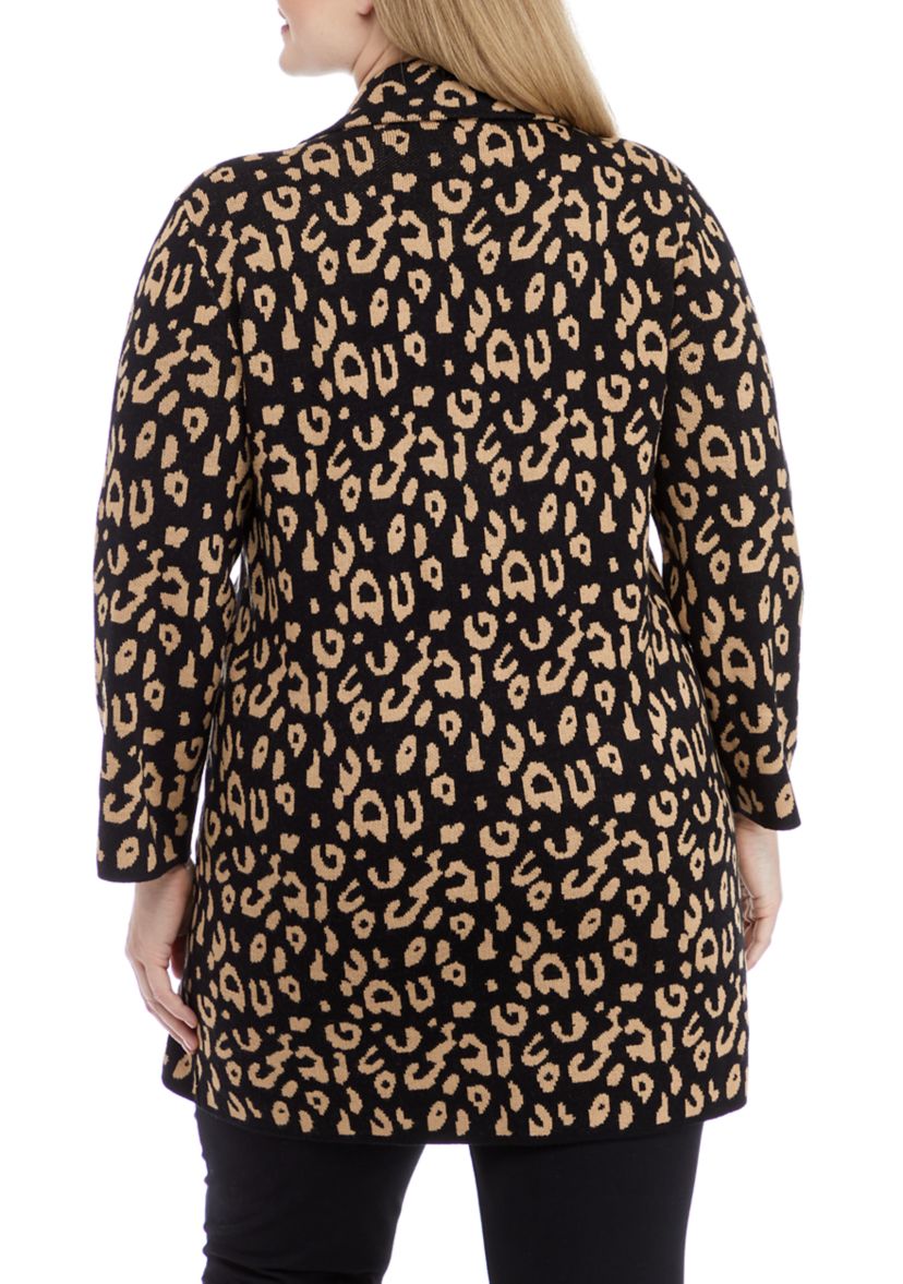 Plus Size Long Sleeve Notch Collar Leopard Coatigan