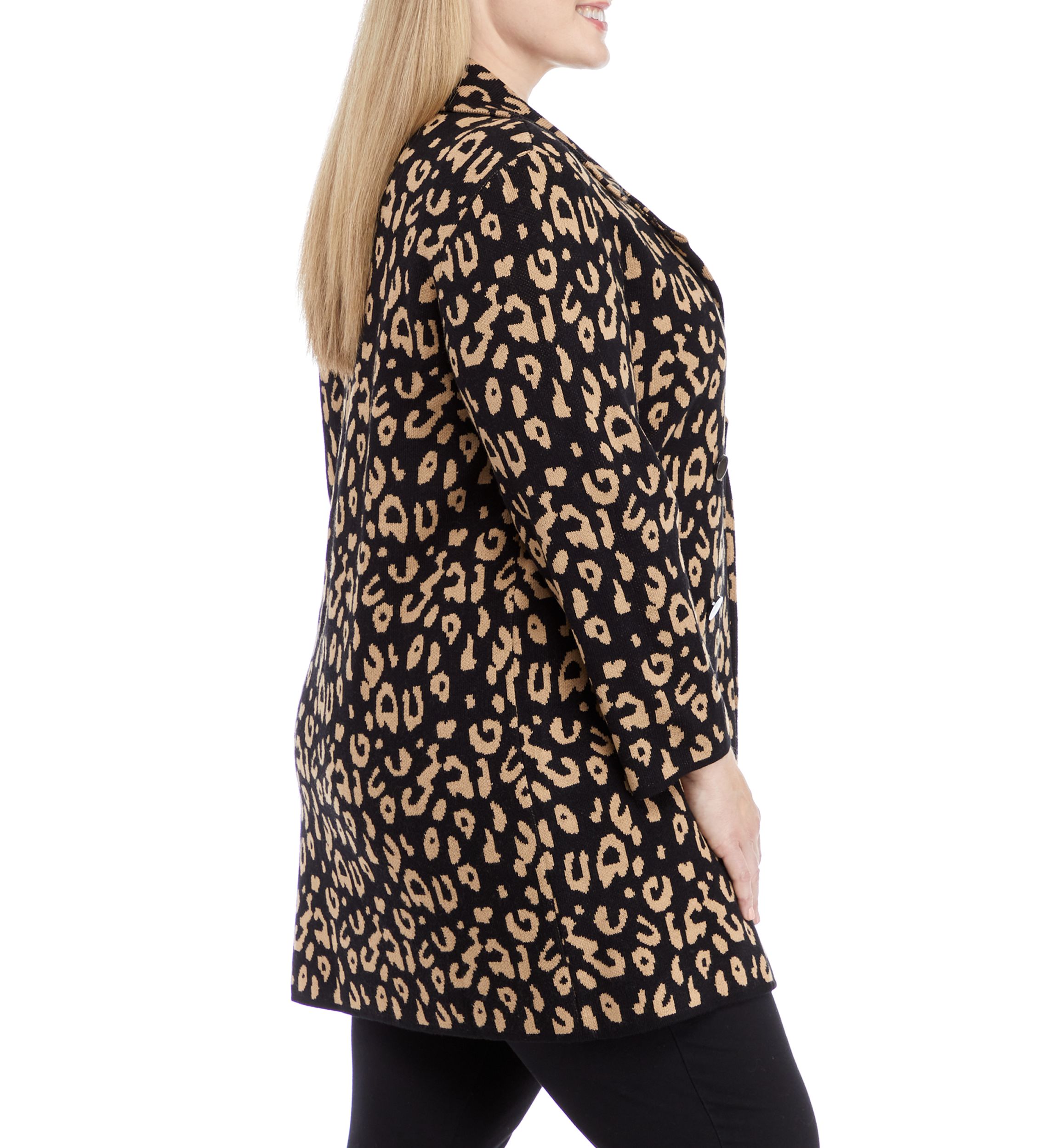 Plus Size Long Sleeve Notch Collar Leopard Coatigan