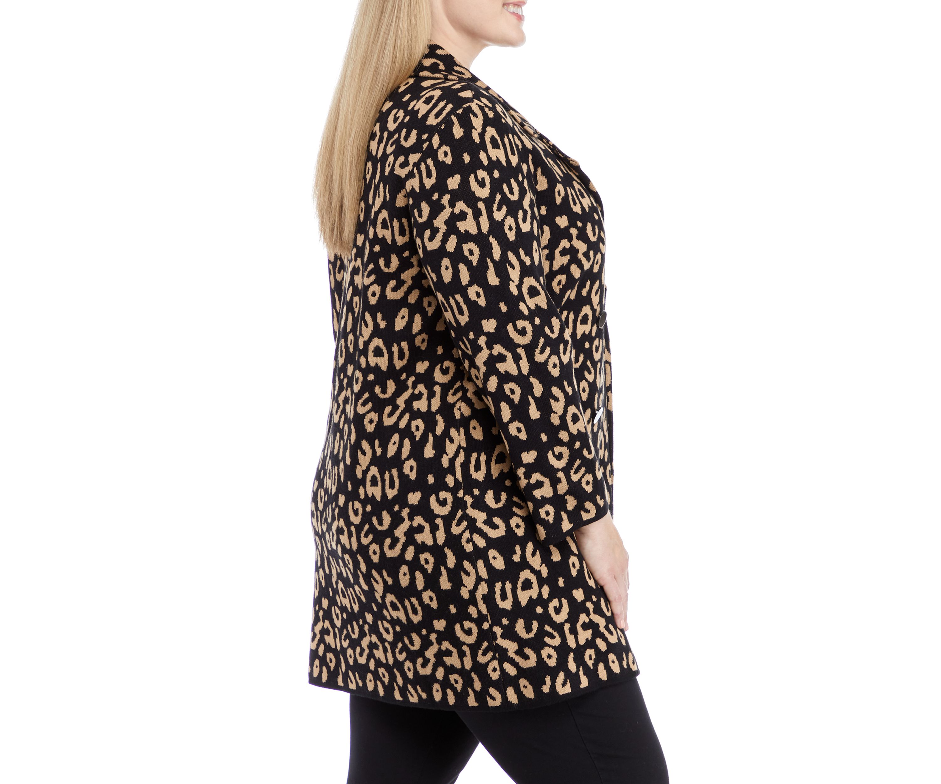 Plus Size Long Sleeve Notch Collar Leopard Coatigan