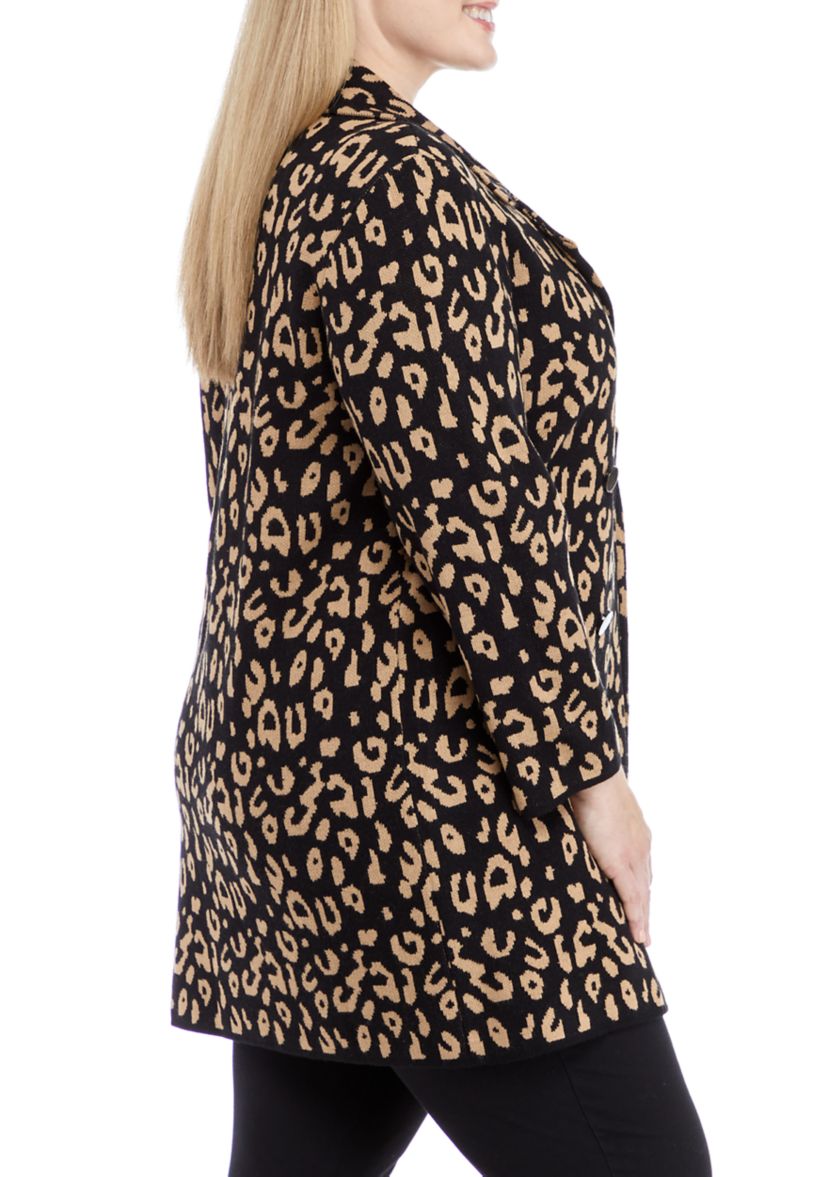 Plus Size Long Sleeve Notch Collar Leopard Coatigan