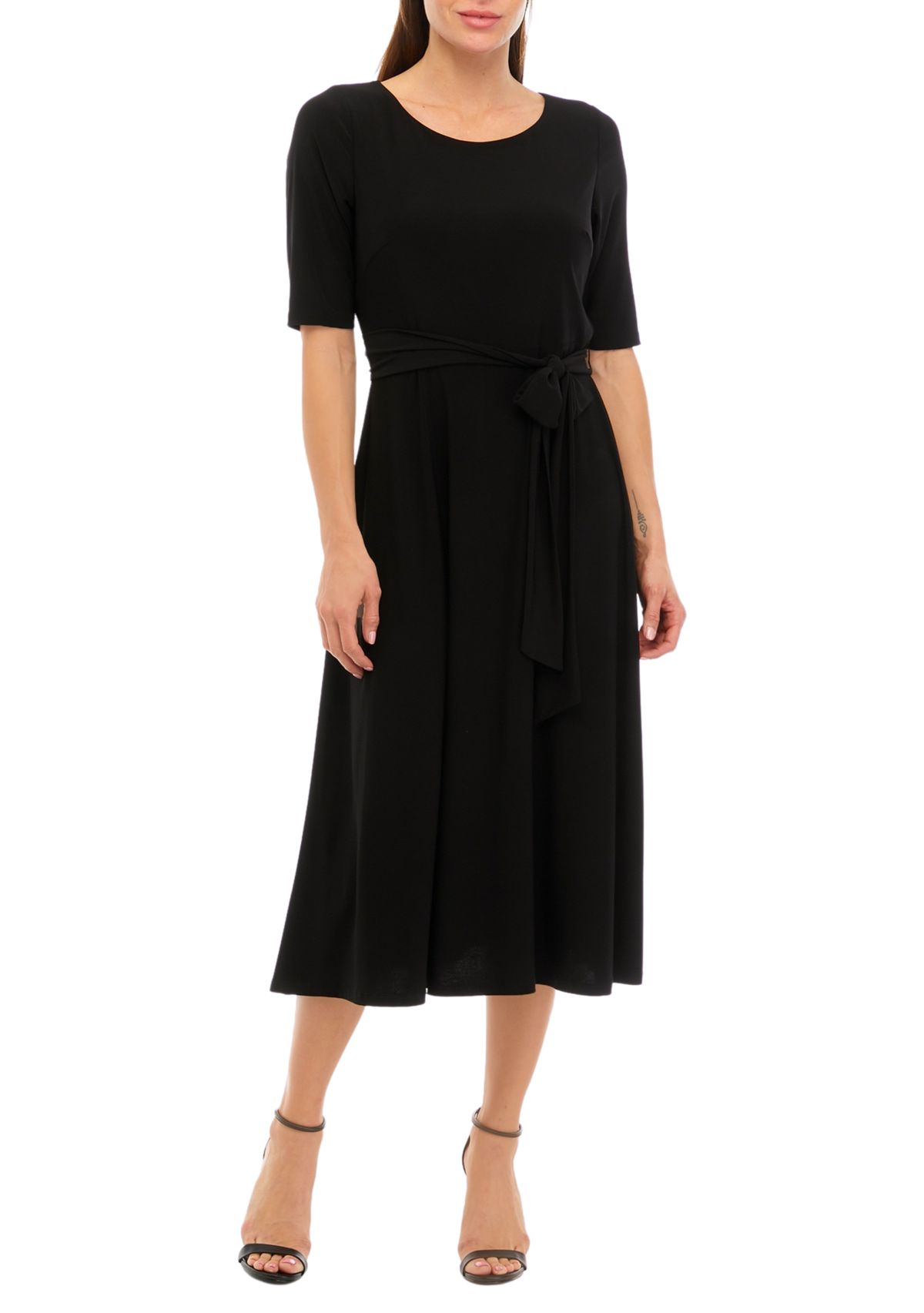 Womens Short Sleeve Round Neck Tie Waist Solid Dress