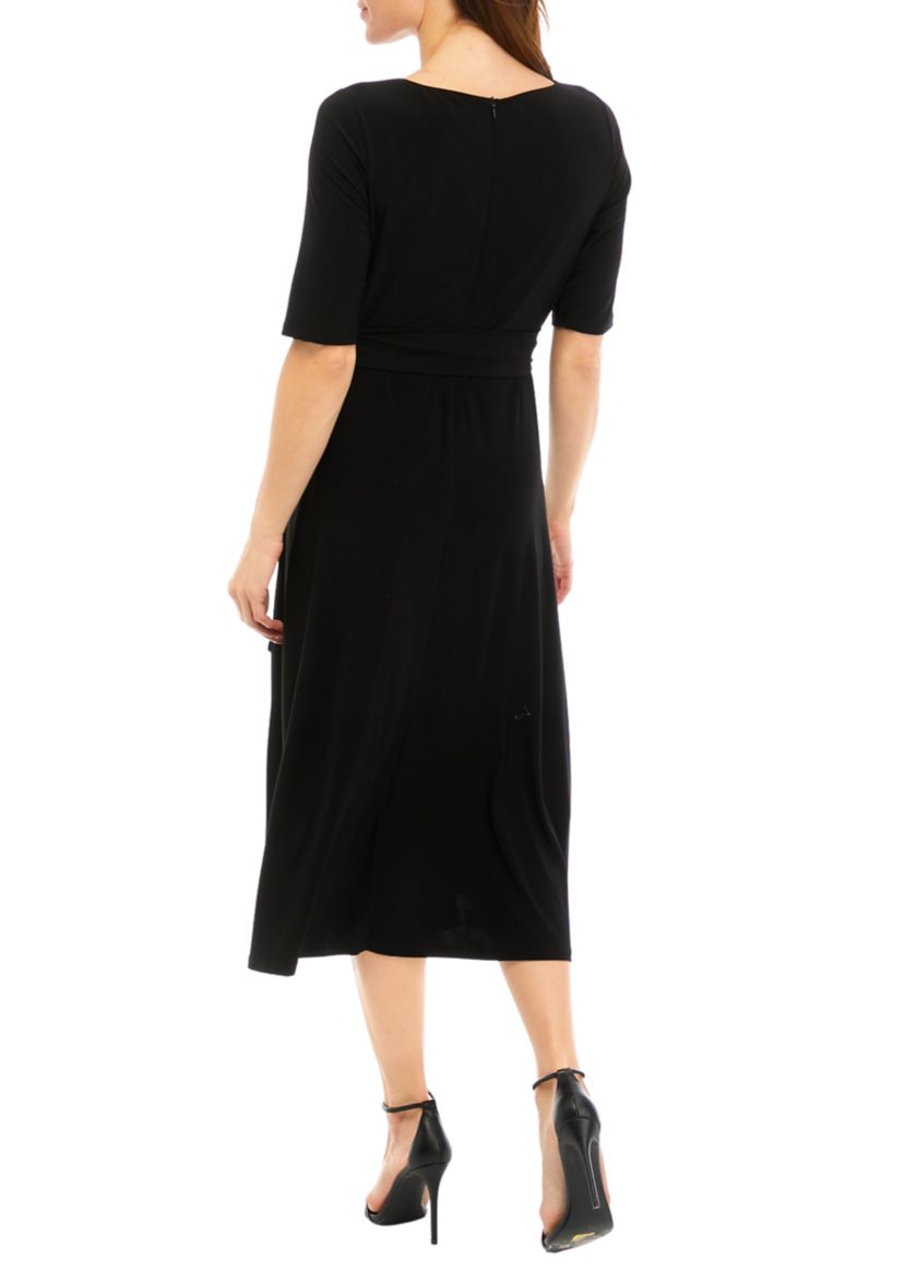 Womens Short Sleeve Round Neck Tie Waist Solid Dress