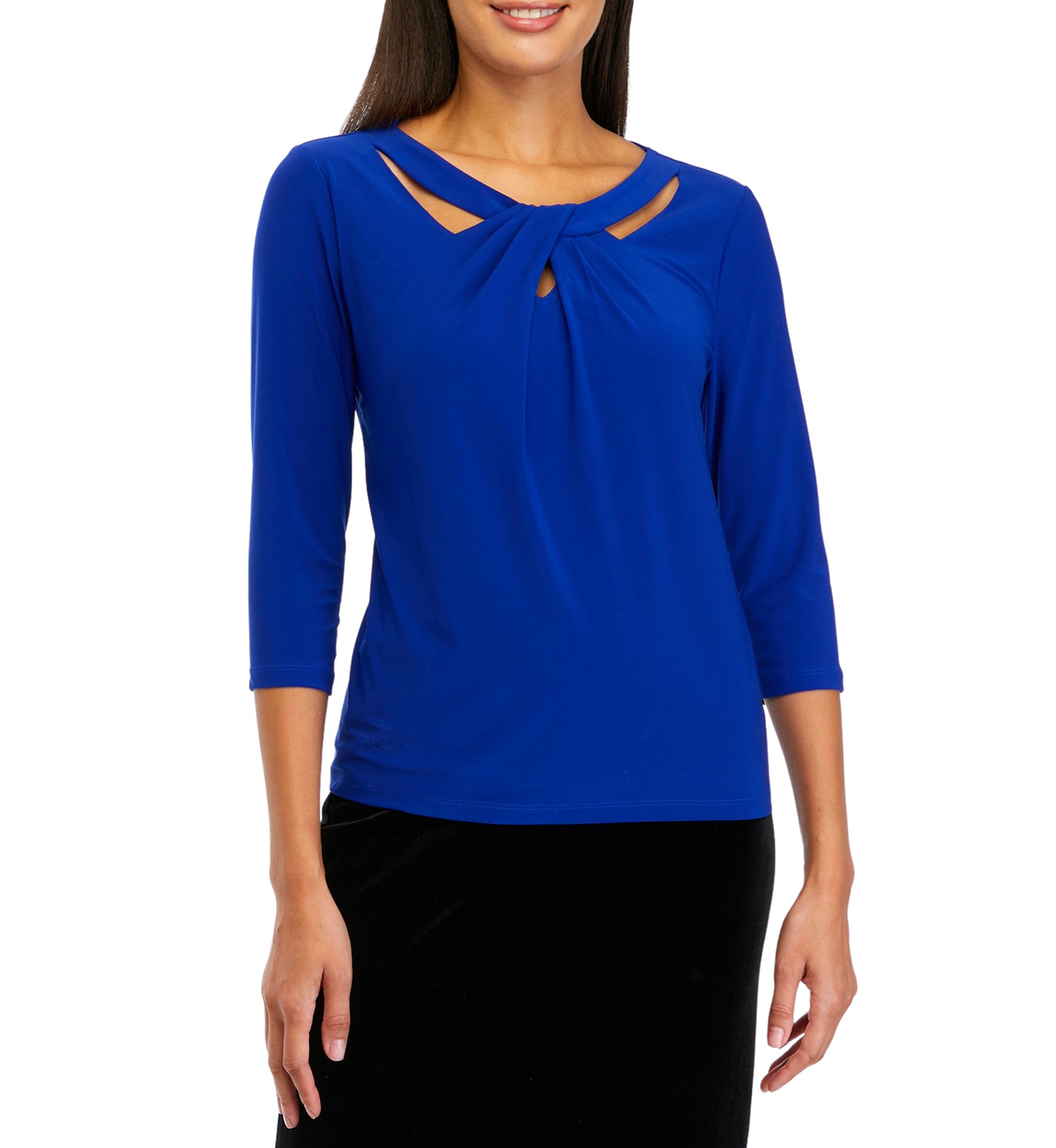 Petite 3/4 Sleeve Royal Blue Twist Neck Top 