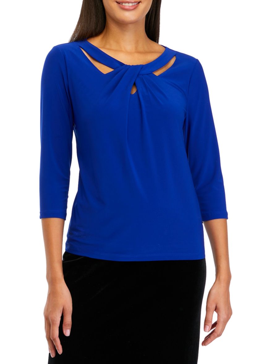 Petite 3/4 Sleeve Royal Blue Twist Neck Top 
