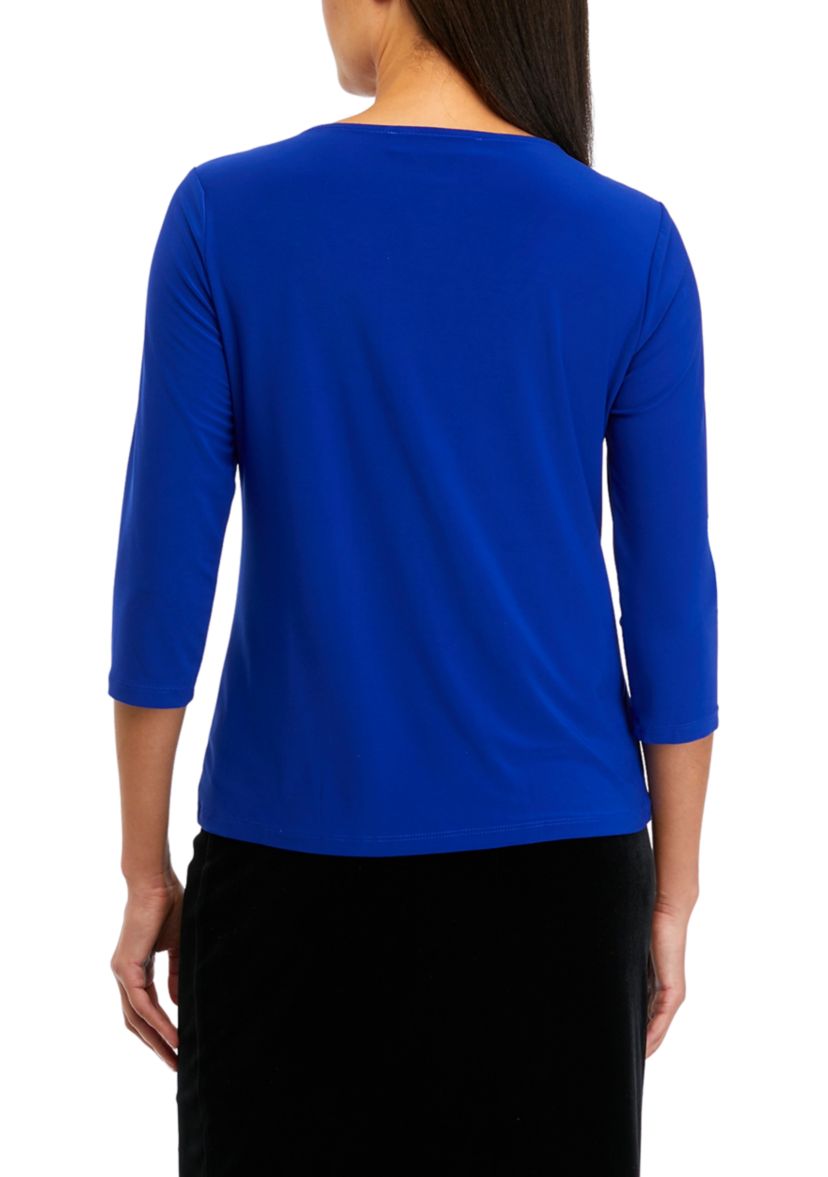 Petite 3/4 Sleeve Royal Blue Twist Neck Top 