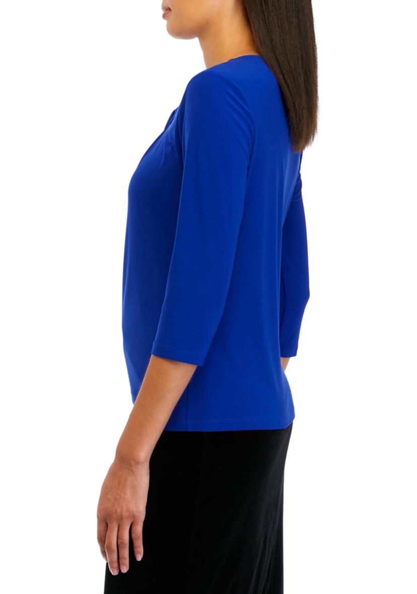 Petite 3/4 Sleeve Royal Blue Twist Neck Top 