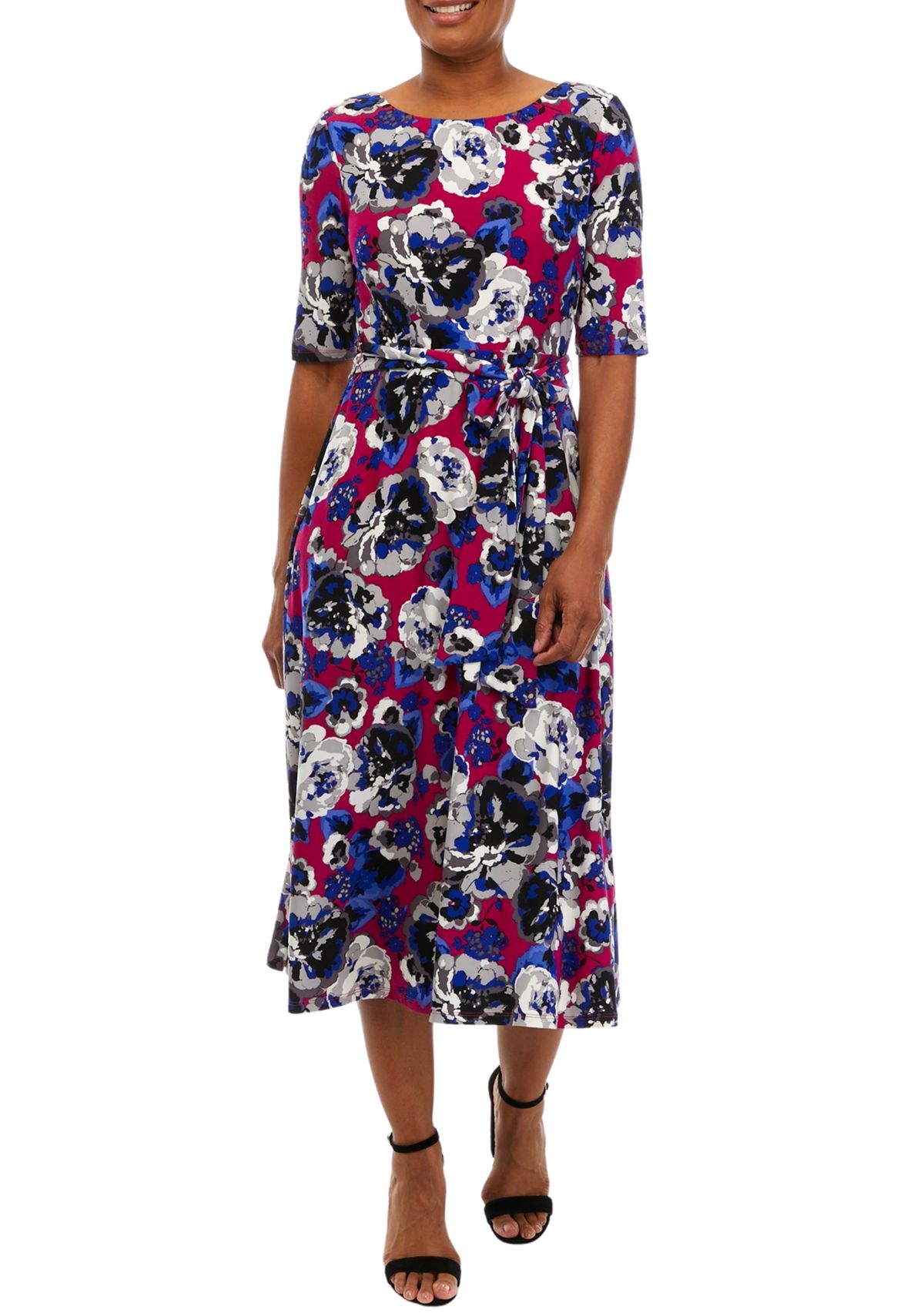 Petite Elbow Sleeve Printed Tie Waist Dress