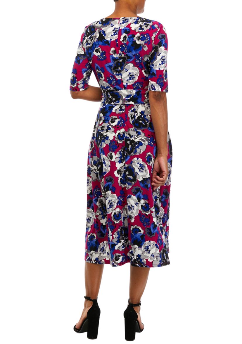 Petite Elbow Sleeve Printed Tie Waist Dress