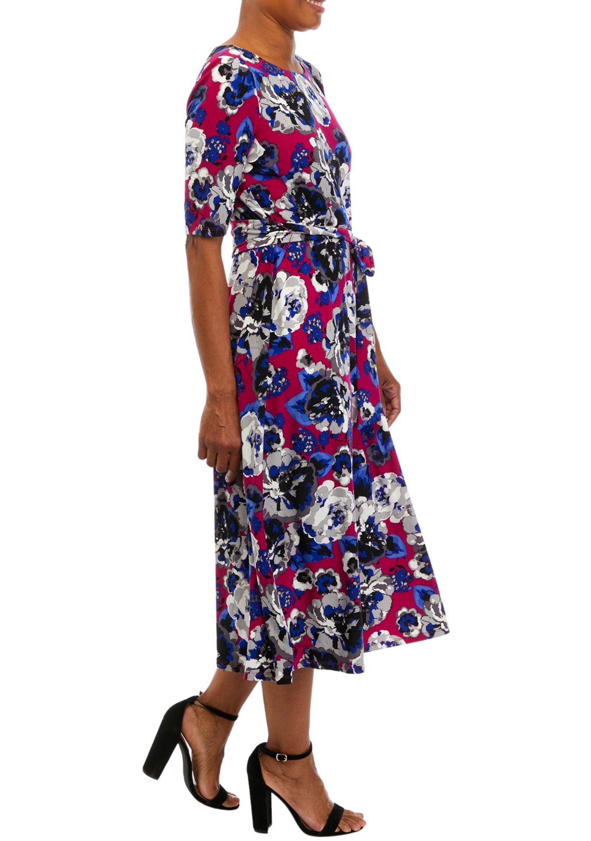 Petite Elbow Sleeve Printed Tie Waist Dress