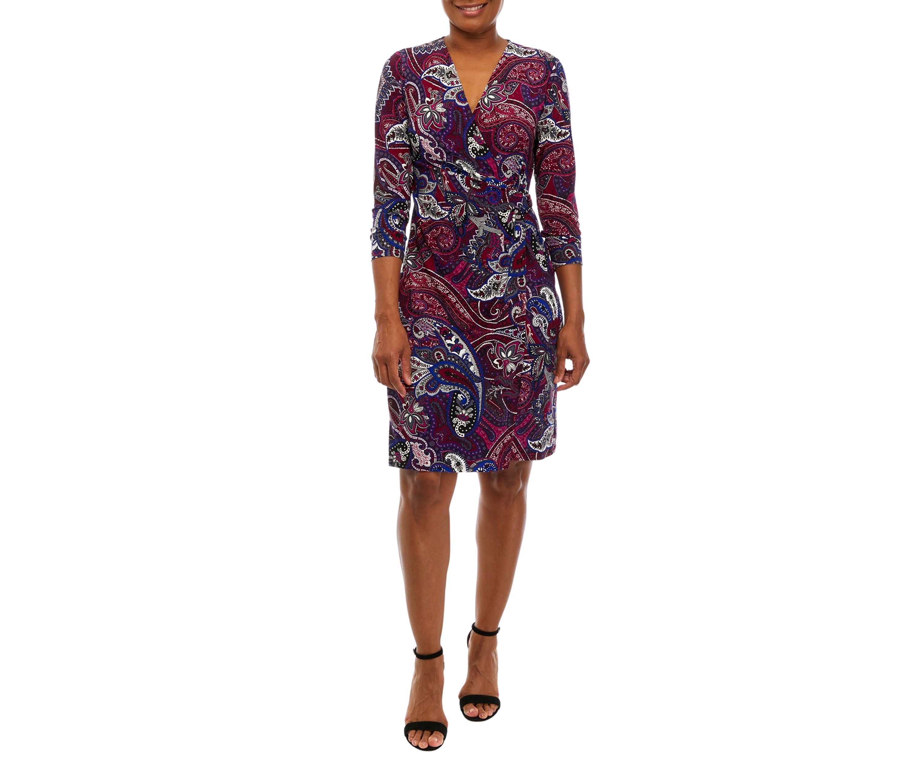 Womens 3/4 Sleeve Wrap Printed Dress with Hardware Detail