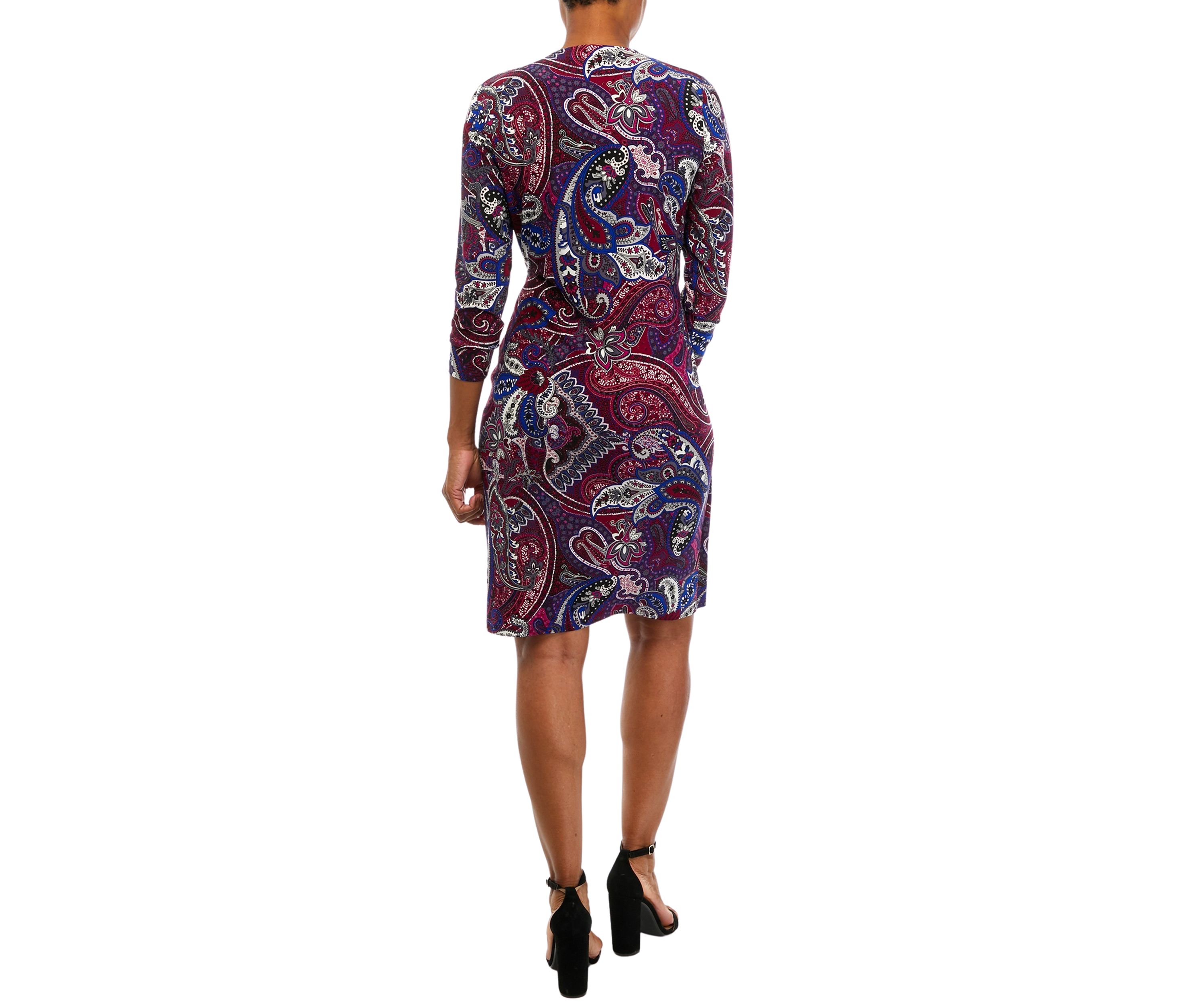 Womens 3/4 Sleeve Wrap Printed Dress with Hardware Detail