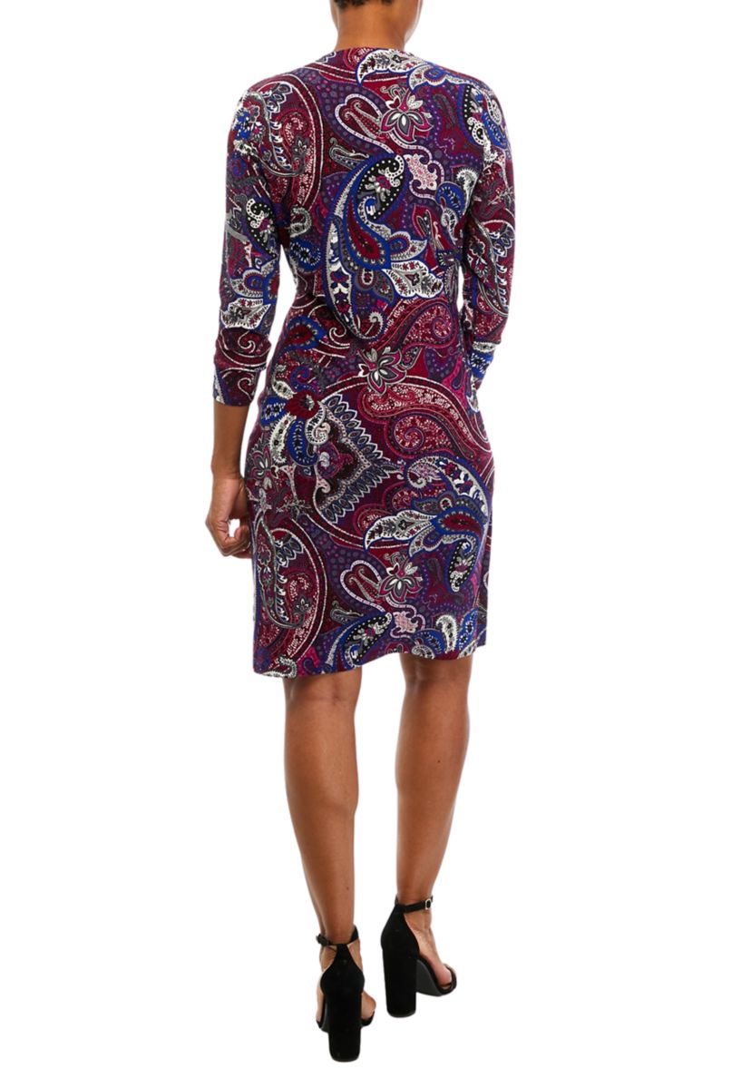 Womens 3/4 Sleeve Wrap Printed Dress with Hardware Detail
