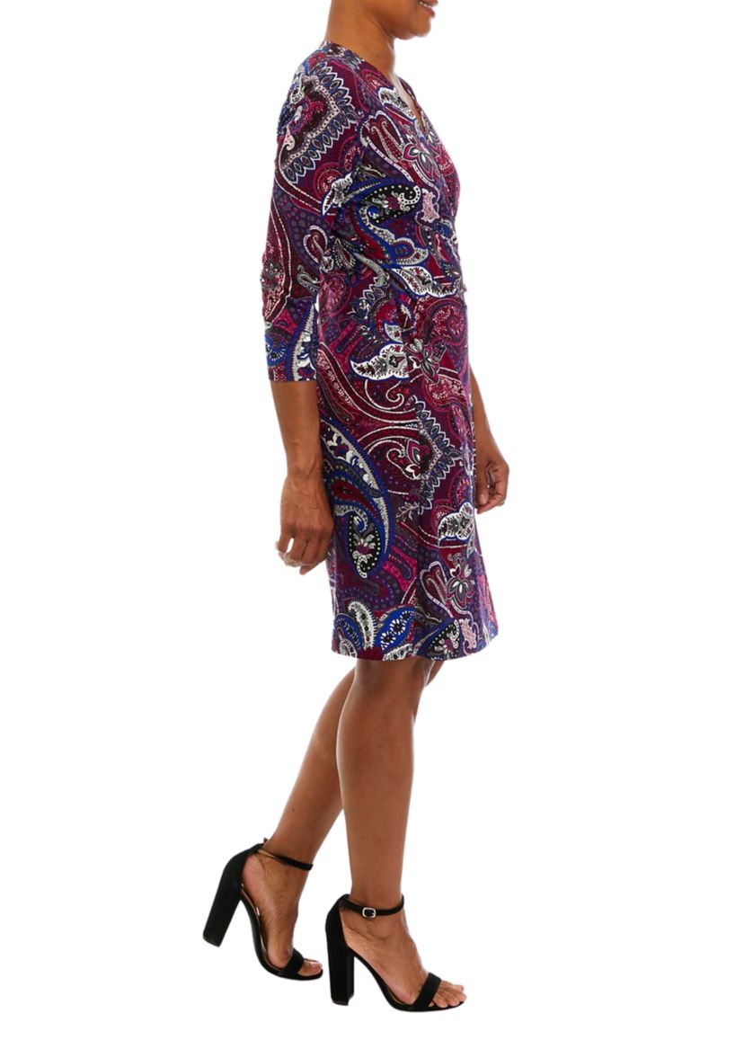 Womens 3/4 Sleeve Wrap Printed Dress with Hardware Detail