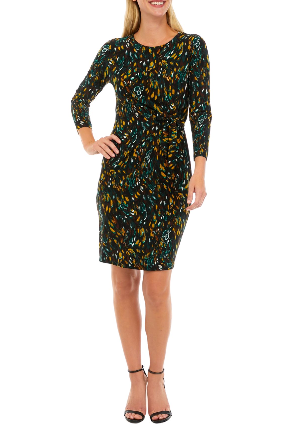 Womens 3/4 Sleeve Side Tie Printed Dress