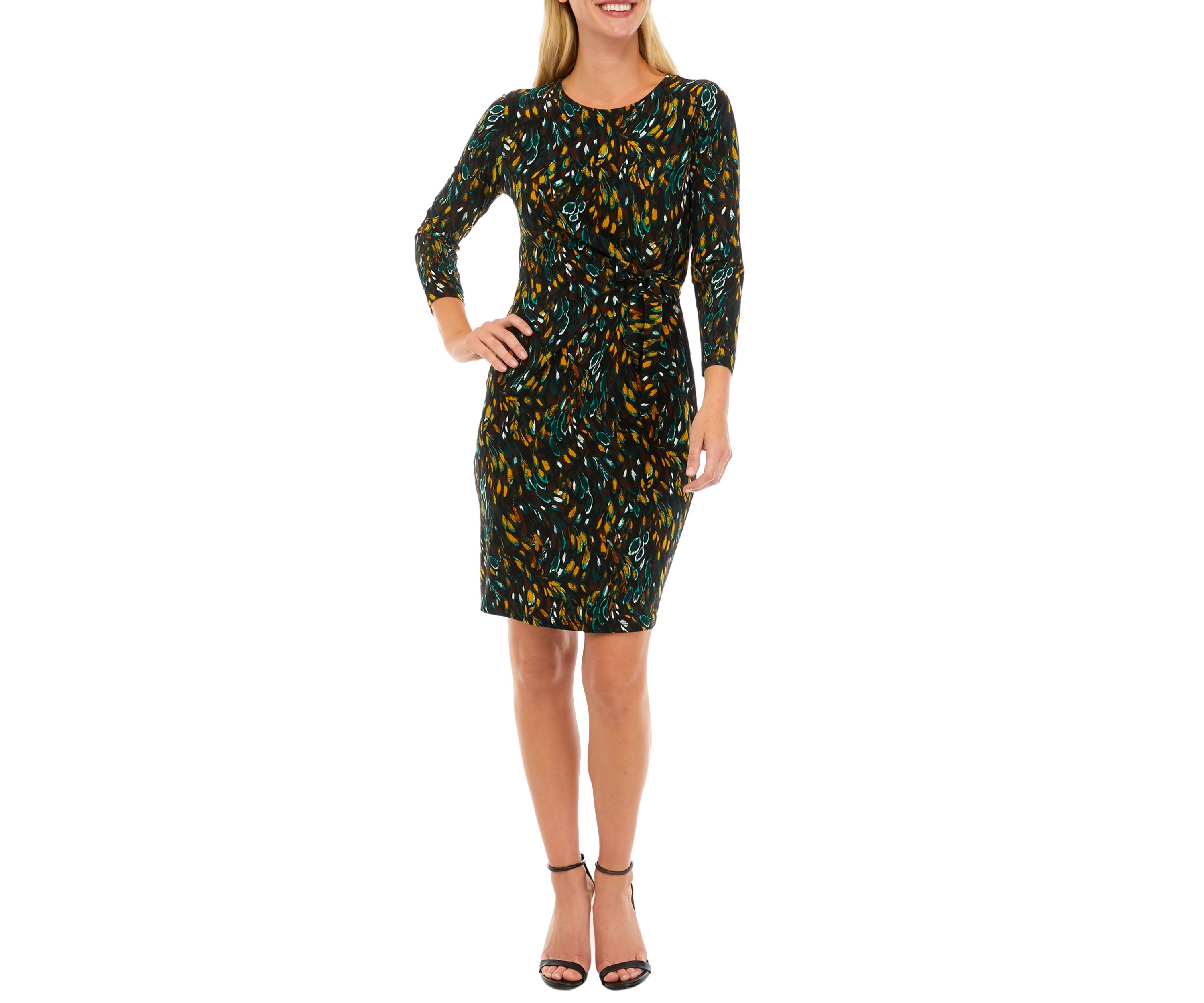 Womens 3/4 Sleeve Side Tie Printed Dress