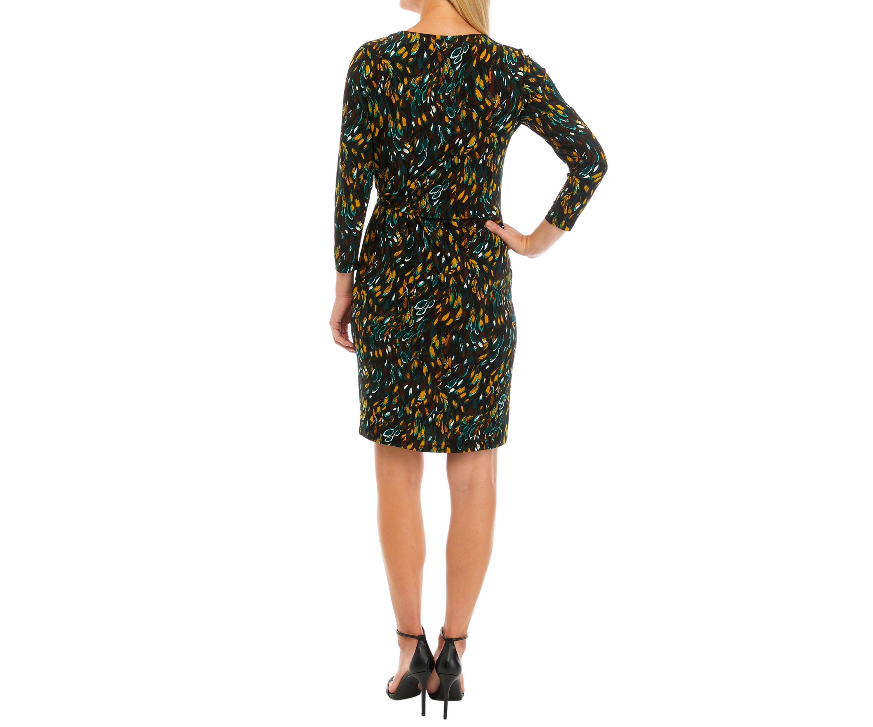 Womens 3/4 Sleeve Side Tie Printed Dress
