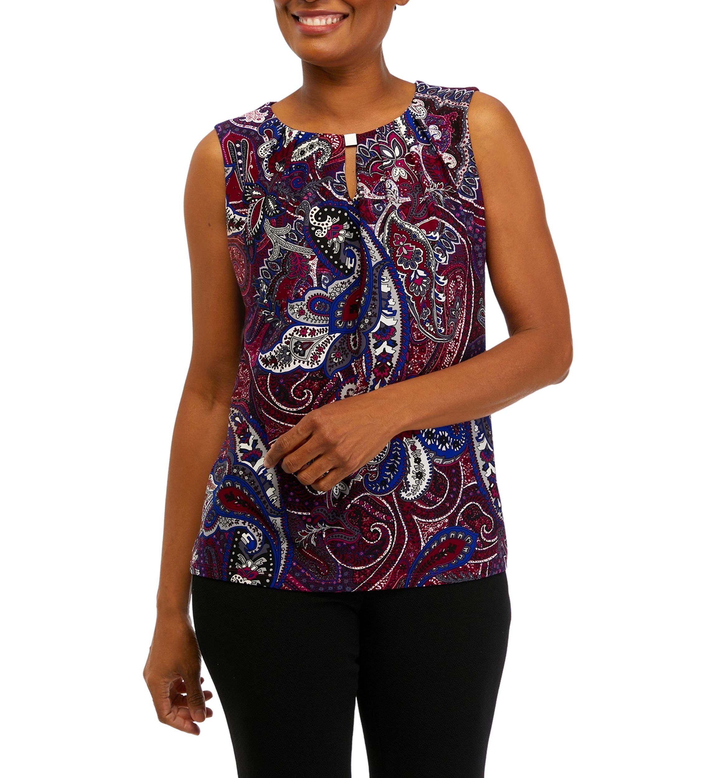 Petite Sleeveless Pleated Printed Top