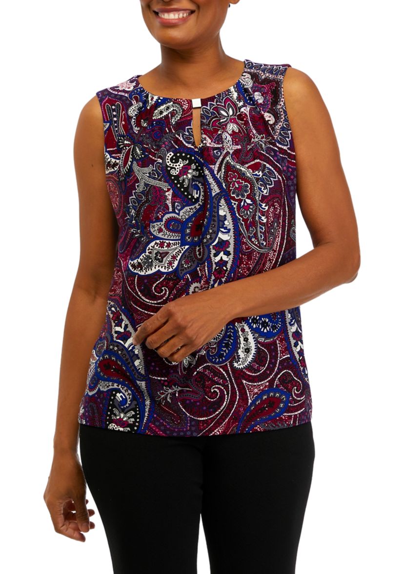 Petite Sleeveless Pleated Printed Top