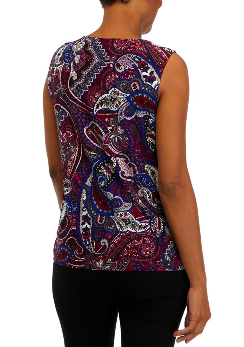 Petite Sleeveless Pleated Printed Top