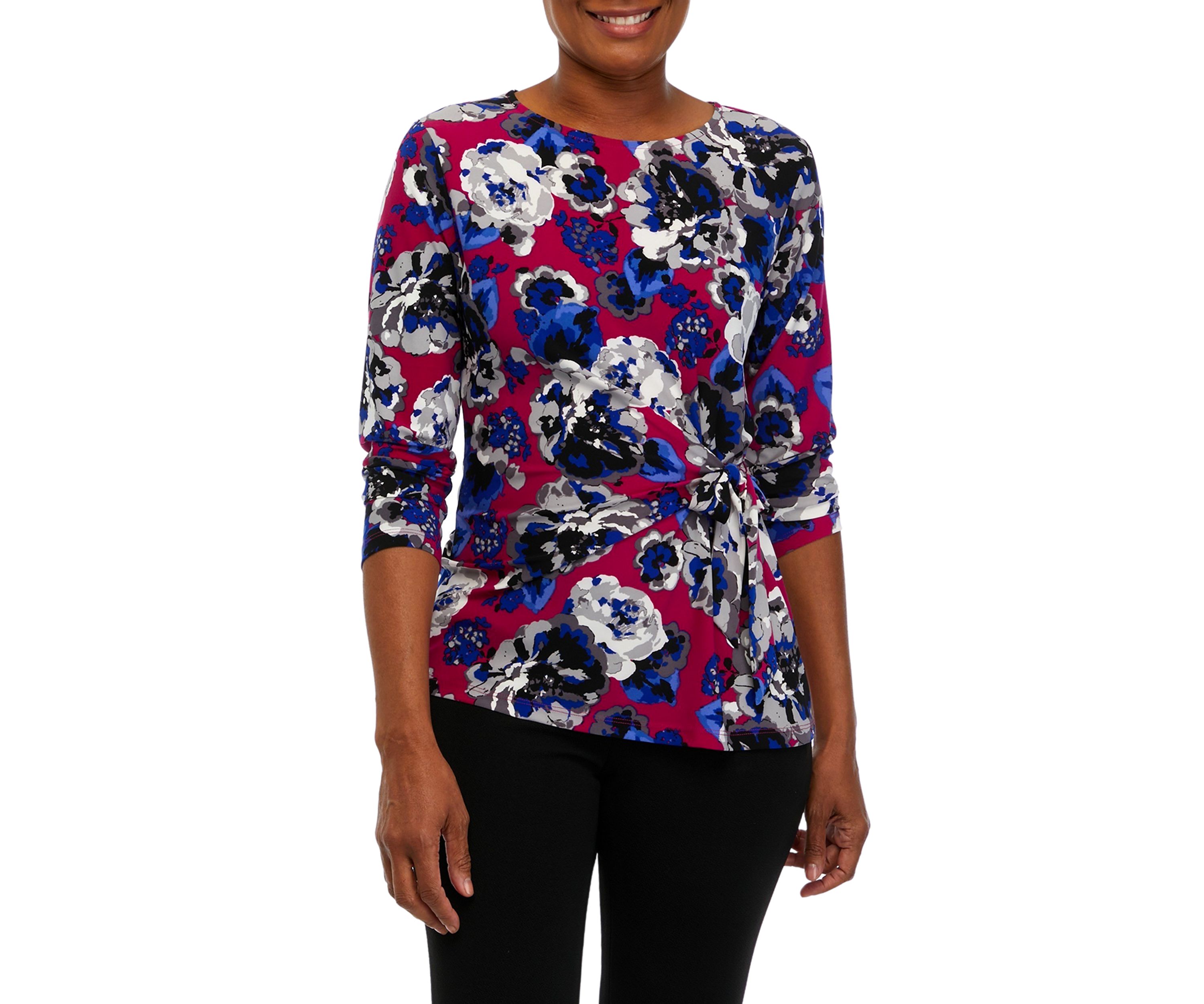 Womens 3/4 Sleeve Side Tie Printed Top