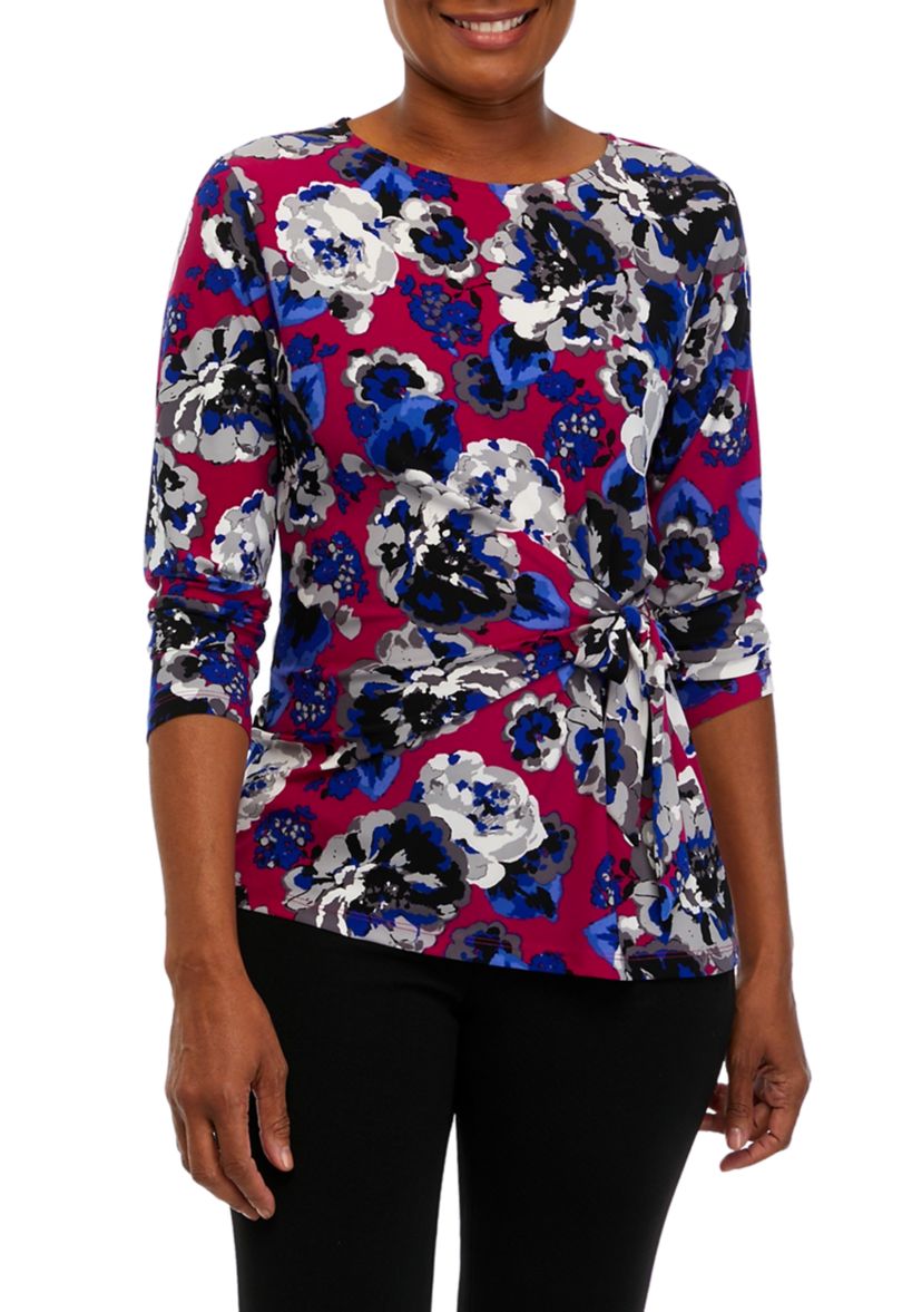 Womens 3/4 Sleeve Side Tie Printed Top