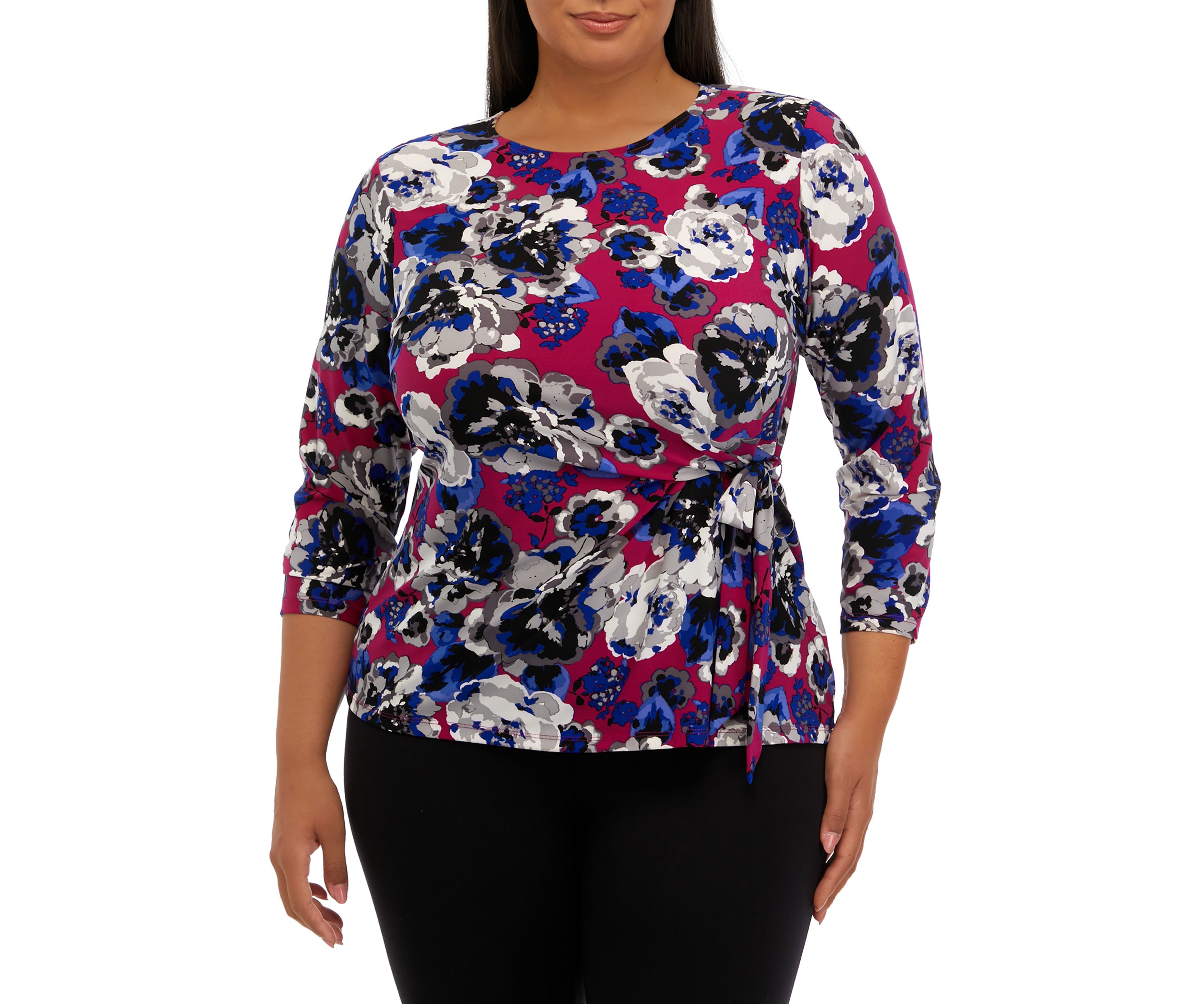 Plus Size 3/4 Sleeve Side Tie Printed Top