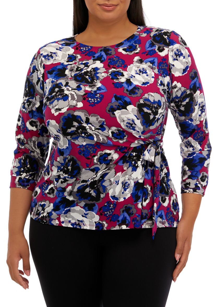 Plus Size 3/4 Sleeve Side Tie Printed Top