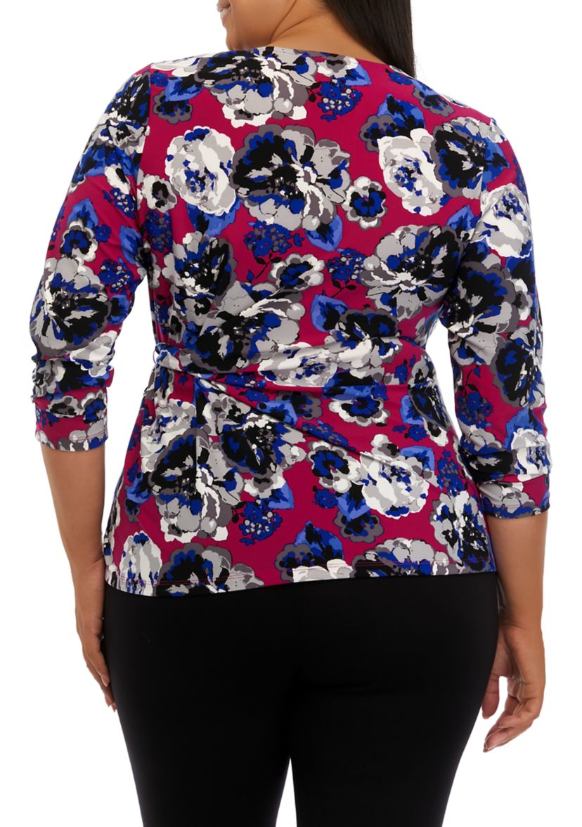 Plus Size 3/4 Sleeve Side Tie Printed Top