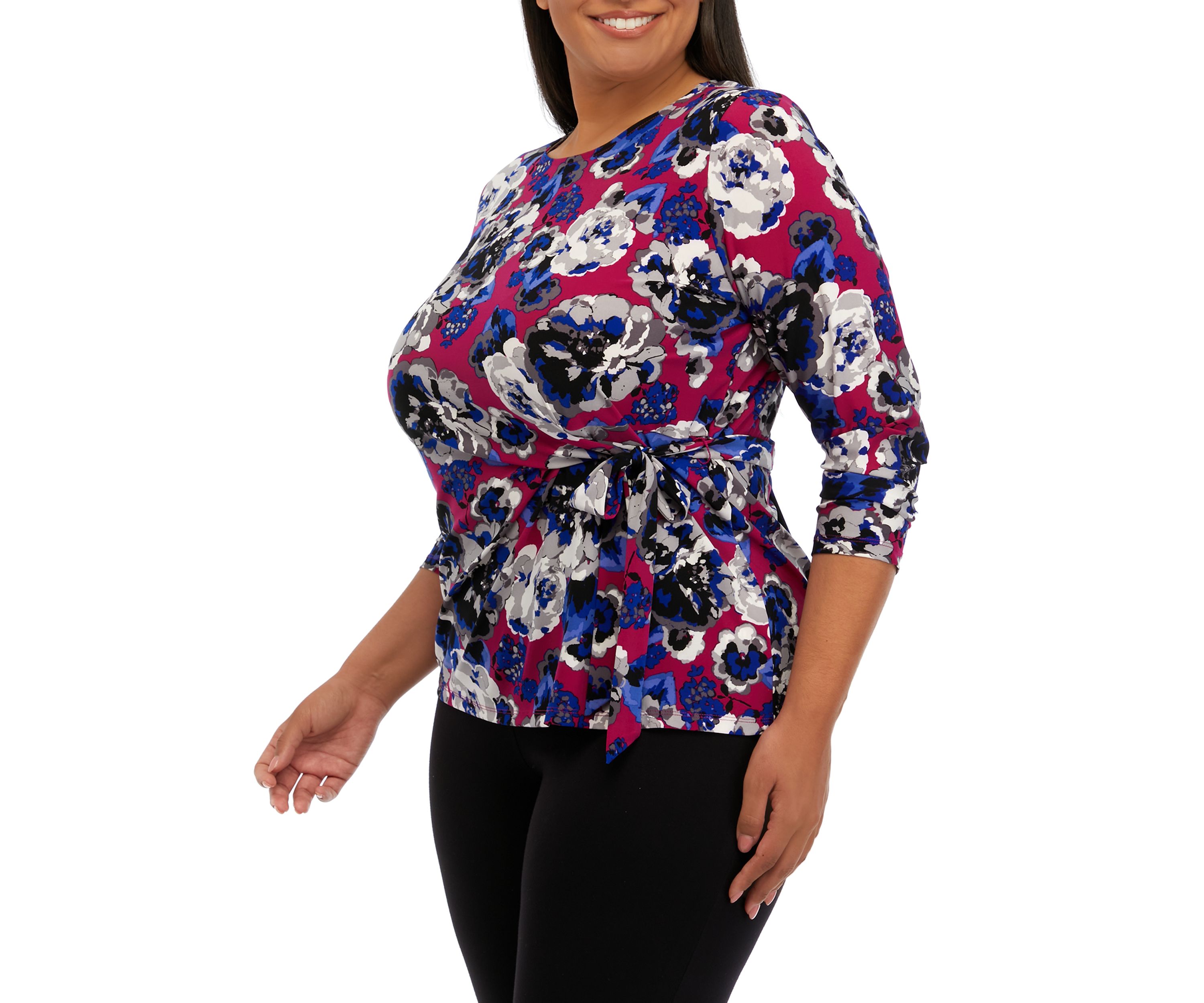 Plus Size 3/4 Sleeve Side Tie Printed Top