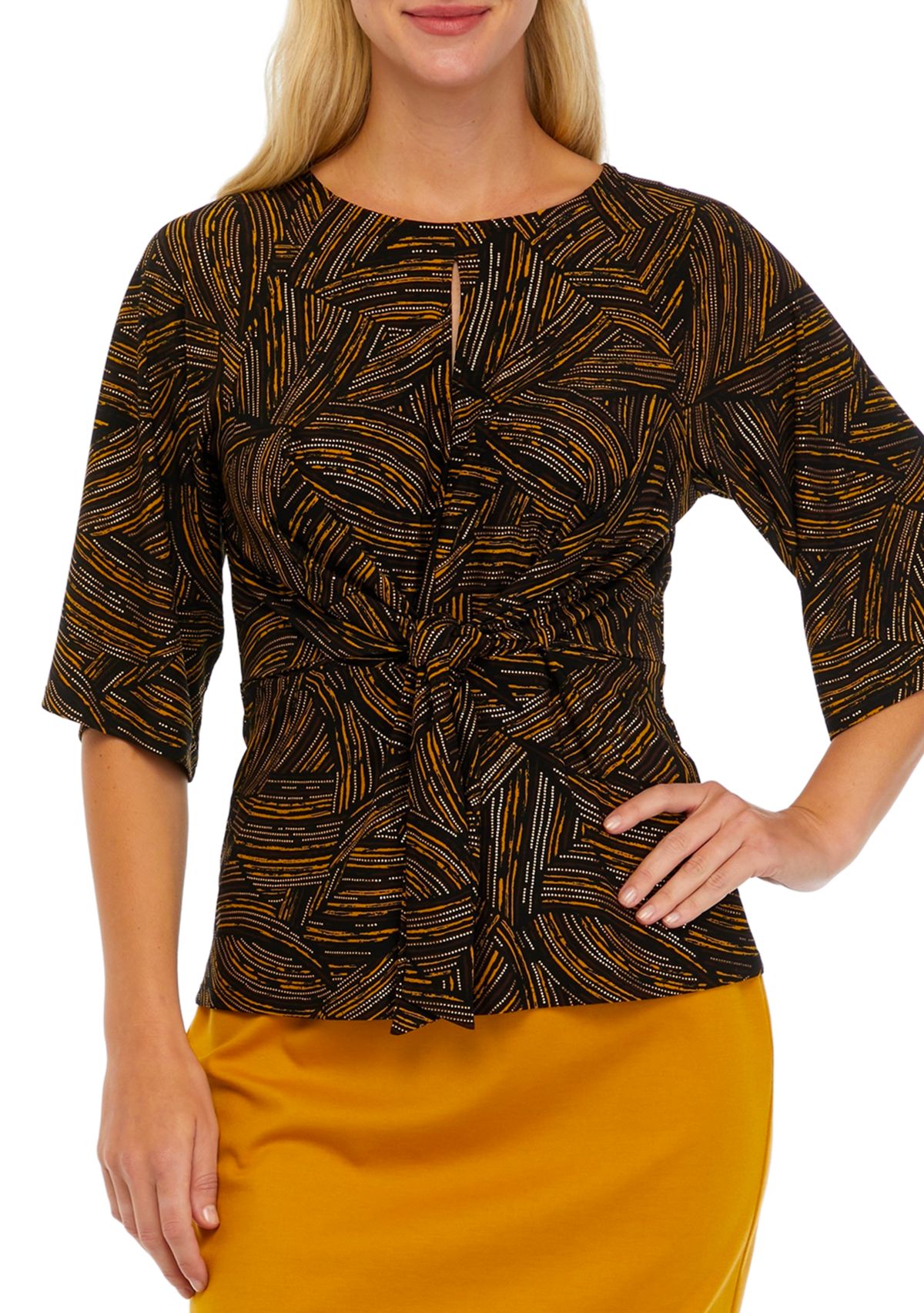 Womens 3/4 Sleeve Knot Front Foil Print Top