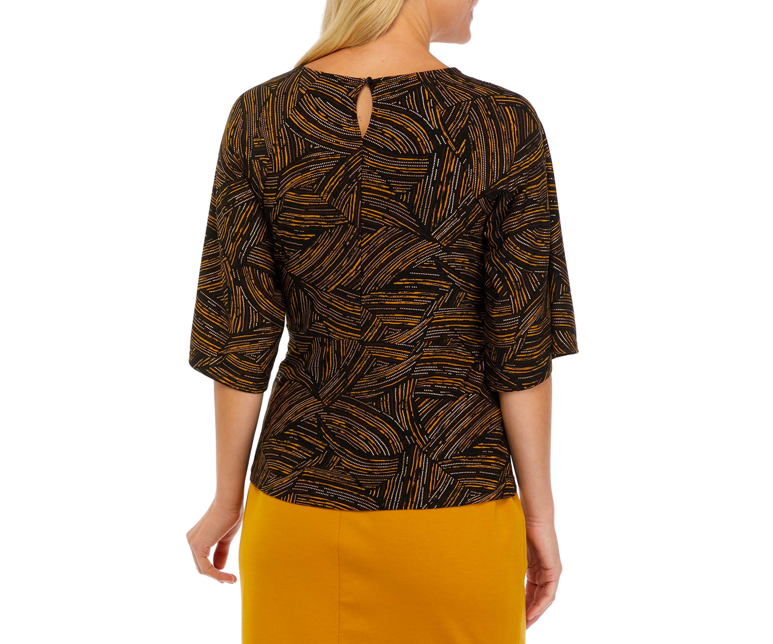 Womens 3/4 Sleeve Knot Front Foil Print Top