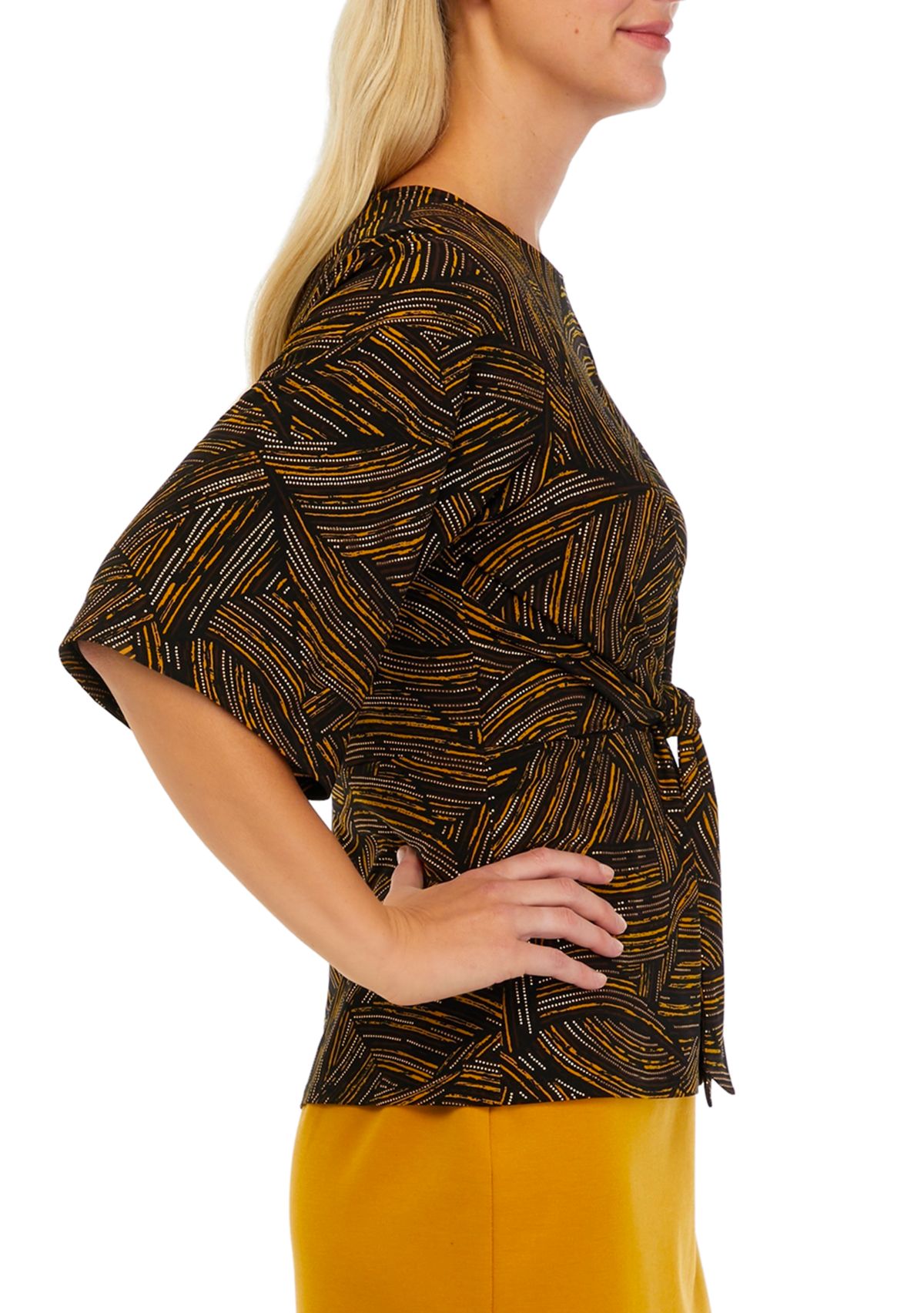 Womens 3/4 Sleeve Knot Front Foil Print Top