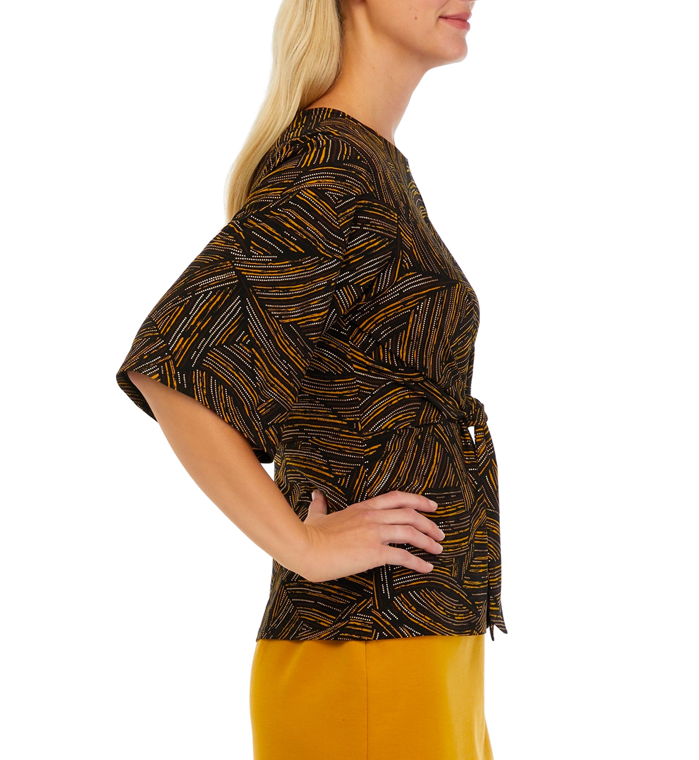 Womens 3/4 Sleeve Knot Front Foil Print Top