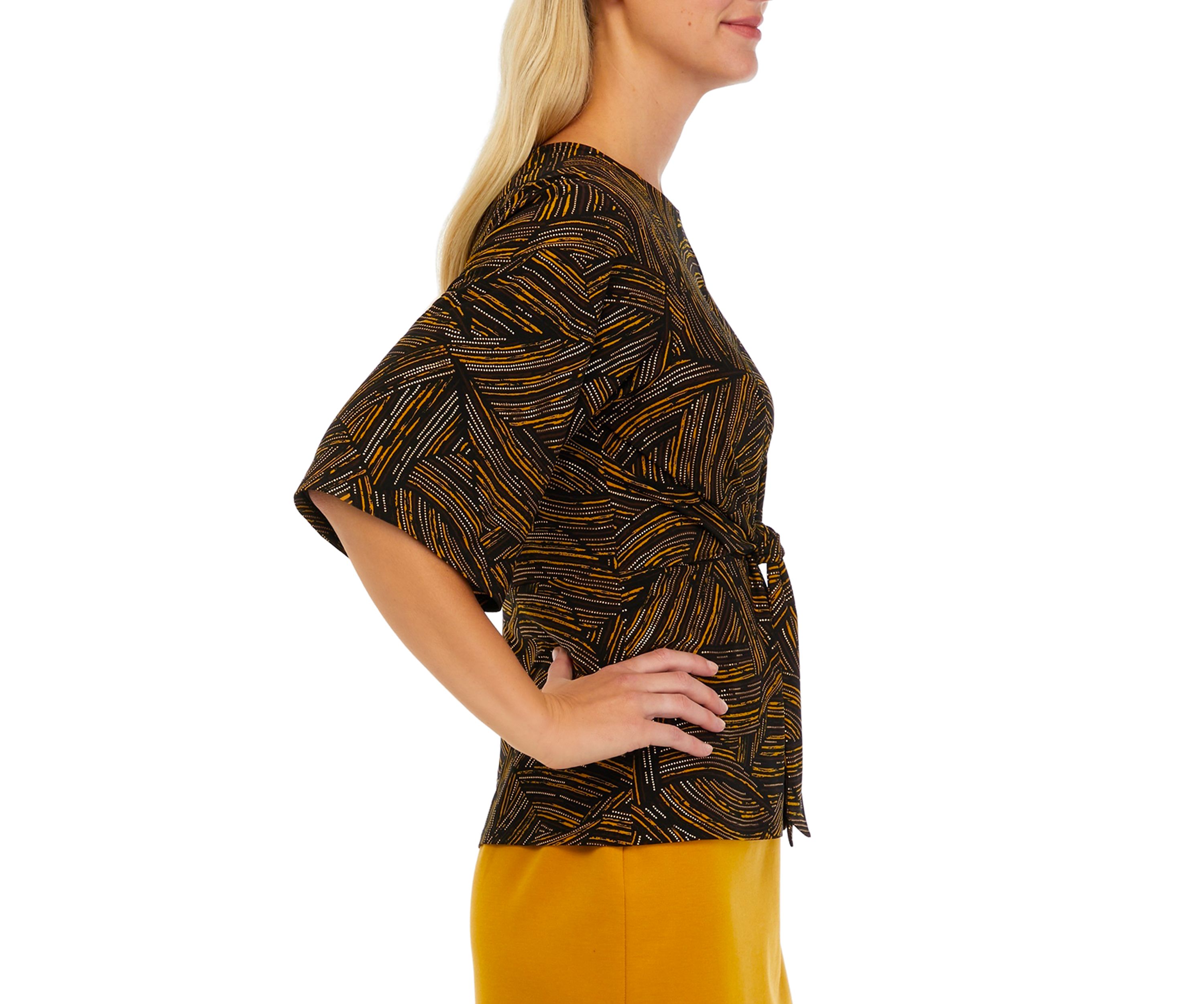 Womens 3/4 Sleeve Knot Front Foil Print Top