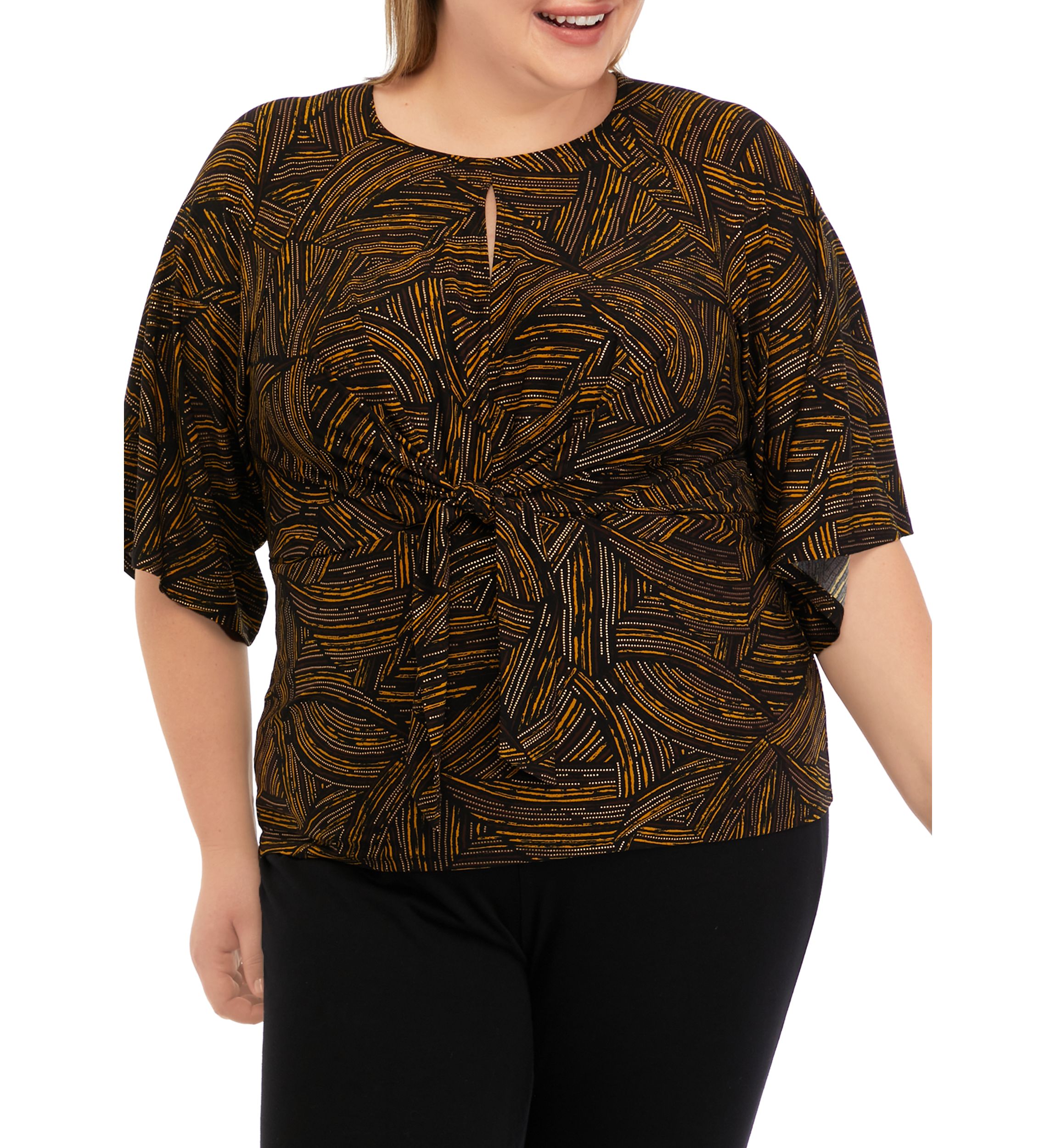 Plus Size Elbow Sleeve Foil Print Top 