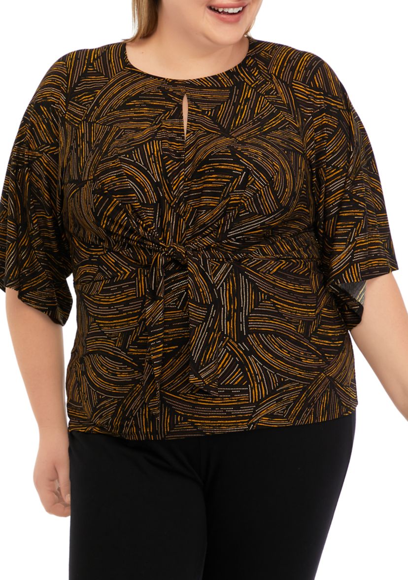 Plus Size Elbow Sleeve Foil Print Top 