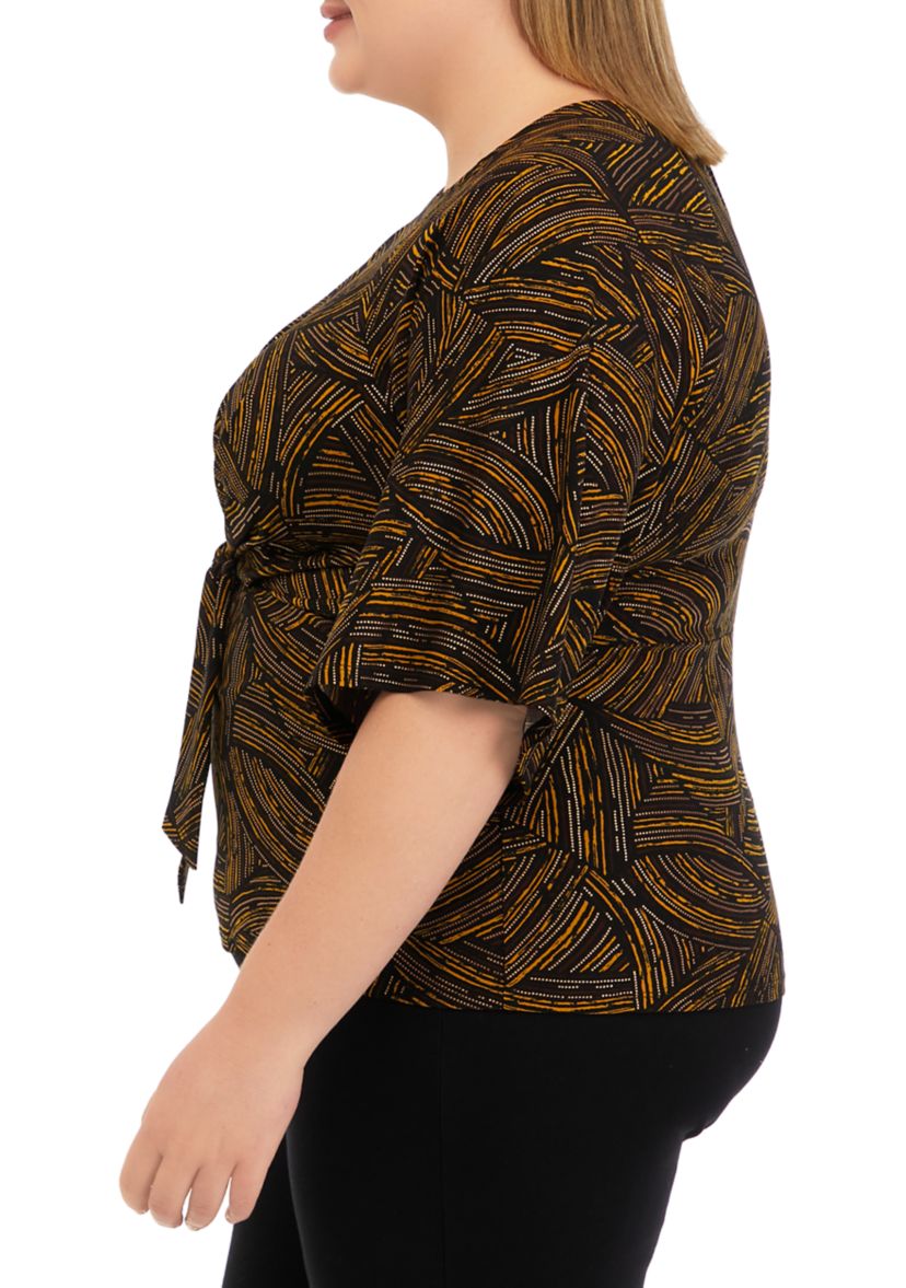 Plus Size Elbow Sleeve Foil Print Top 