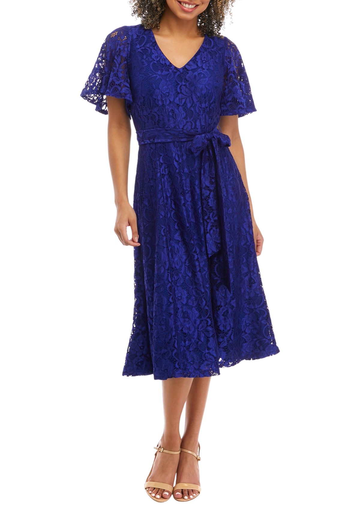 Womens V-Neck Lace Flutter Sleeve Fit and Flare Dress