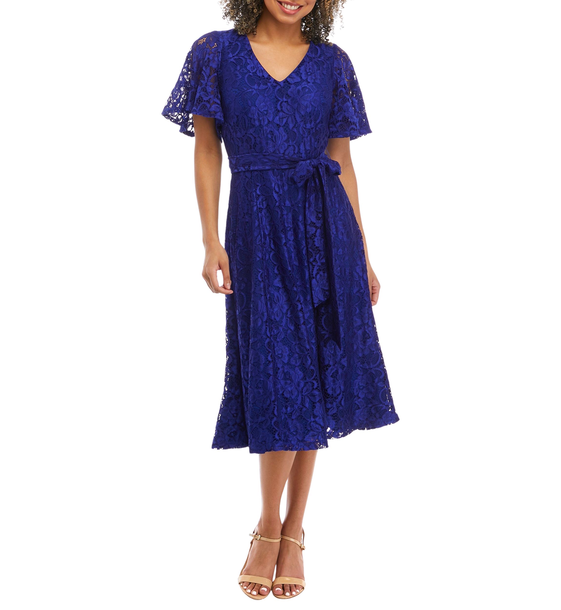 Womens V-Neck Lace Flutter Sleeve Fit and Flare Dress