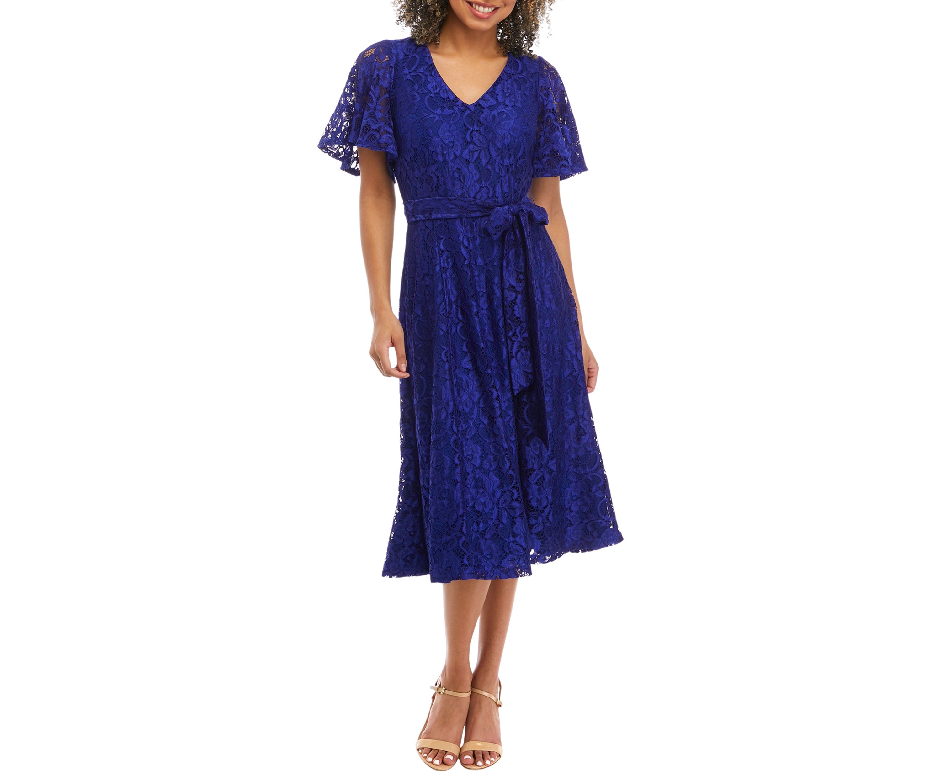Womens V-Neck Lace Flutter Sleeve Fit and Flare Dress