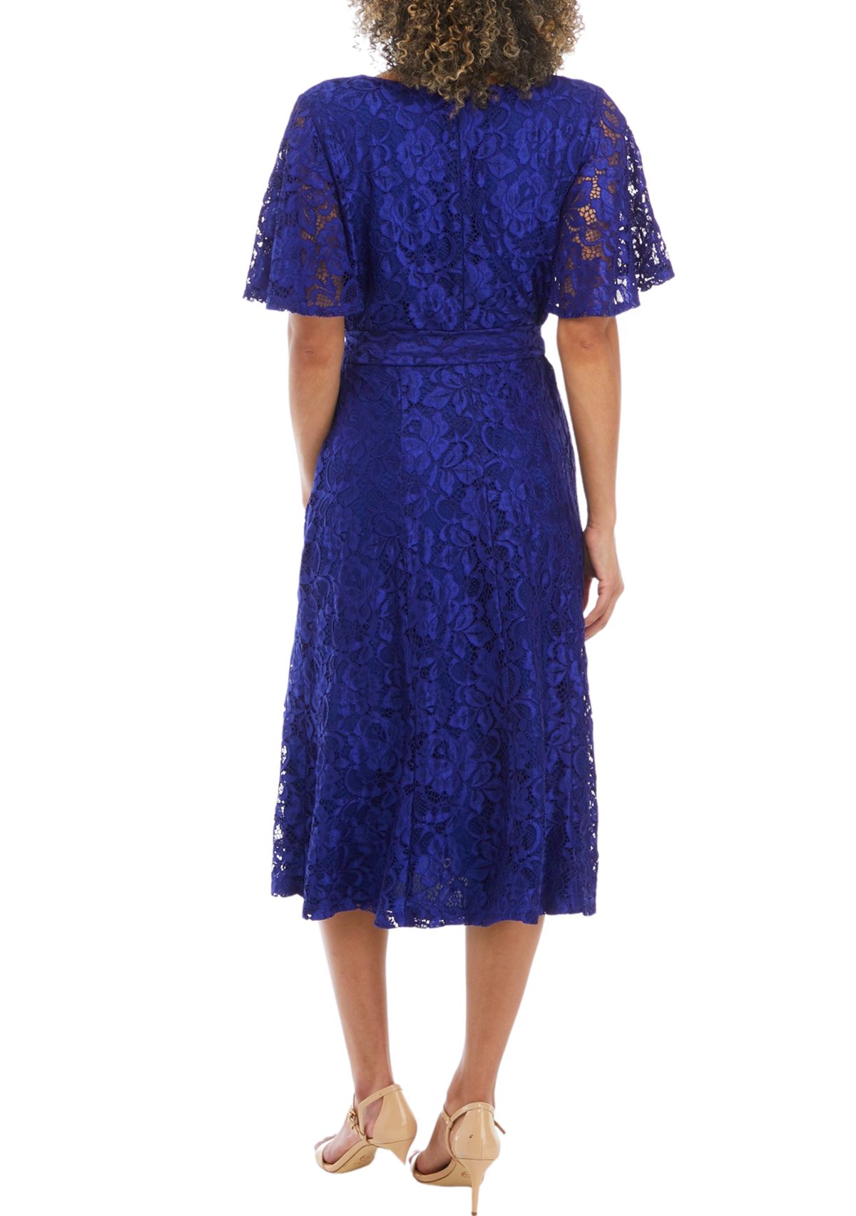 Womens V-Neck Lace Flutter Sleeve Fit and Flare Dress