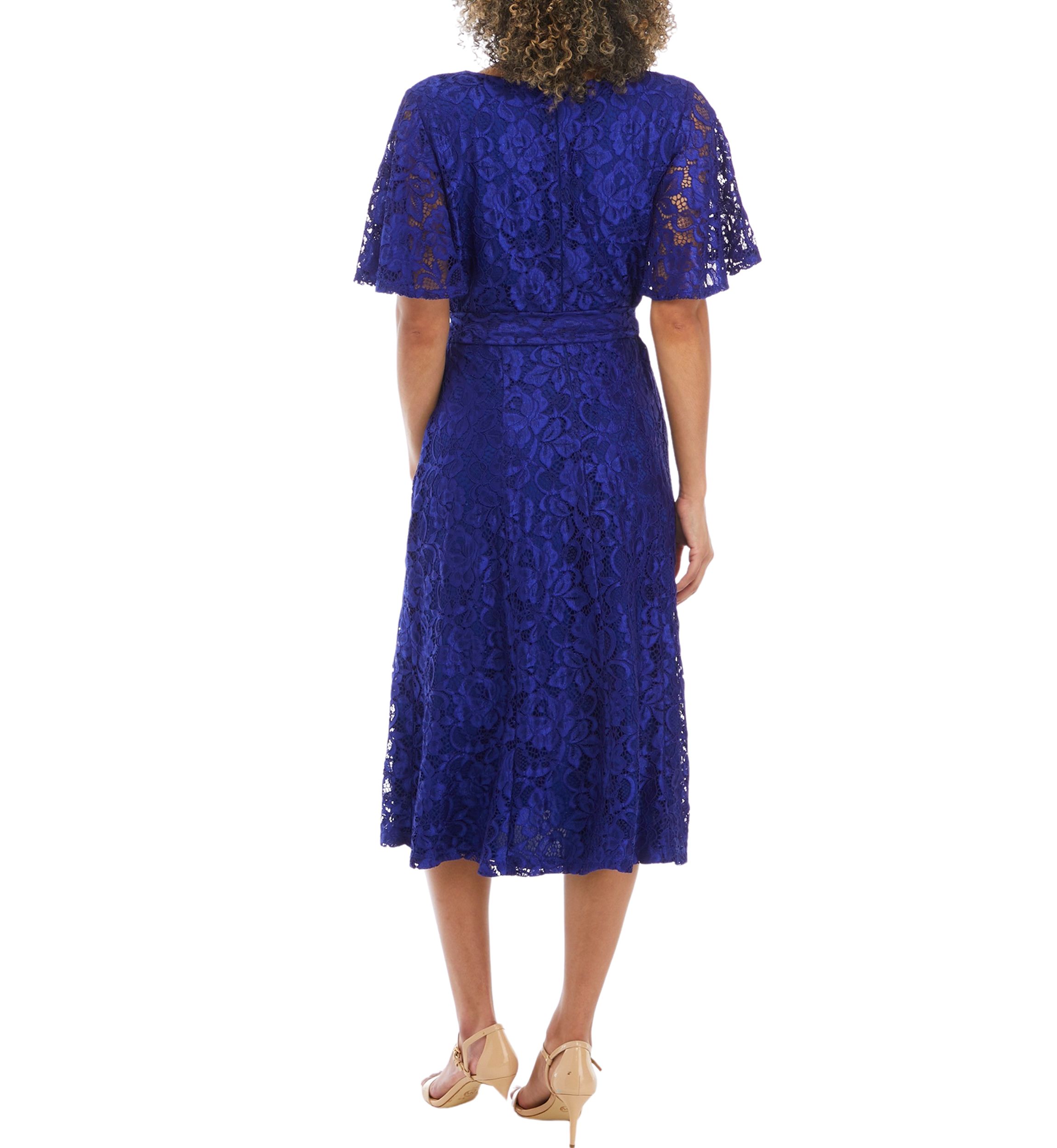 Womens V-Neck Lace Flutter Sleeve Fit and Flare Dress