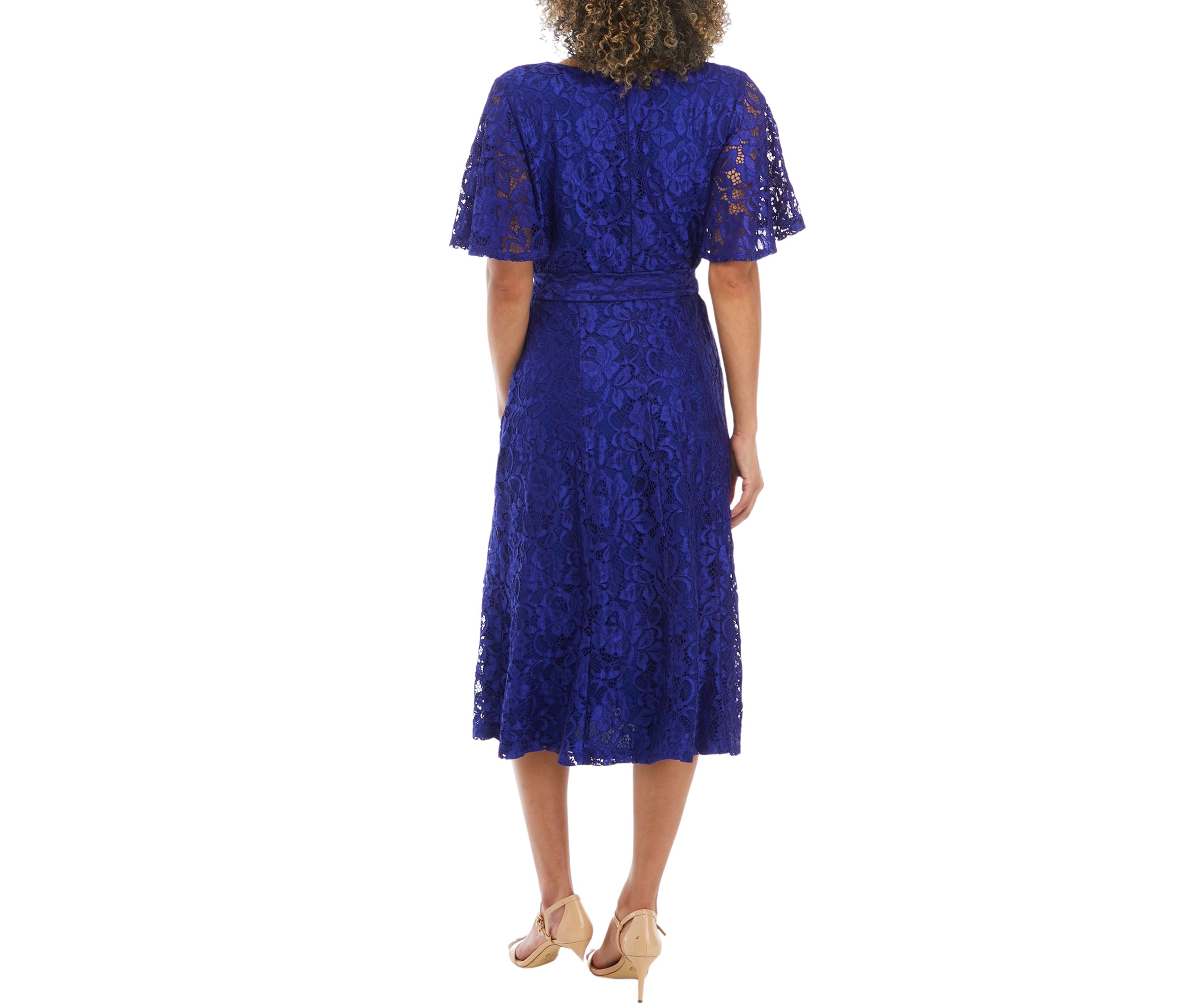 Womens V-Neck Lace Flutter Sleeve Fit and Flare Dress