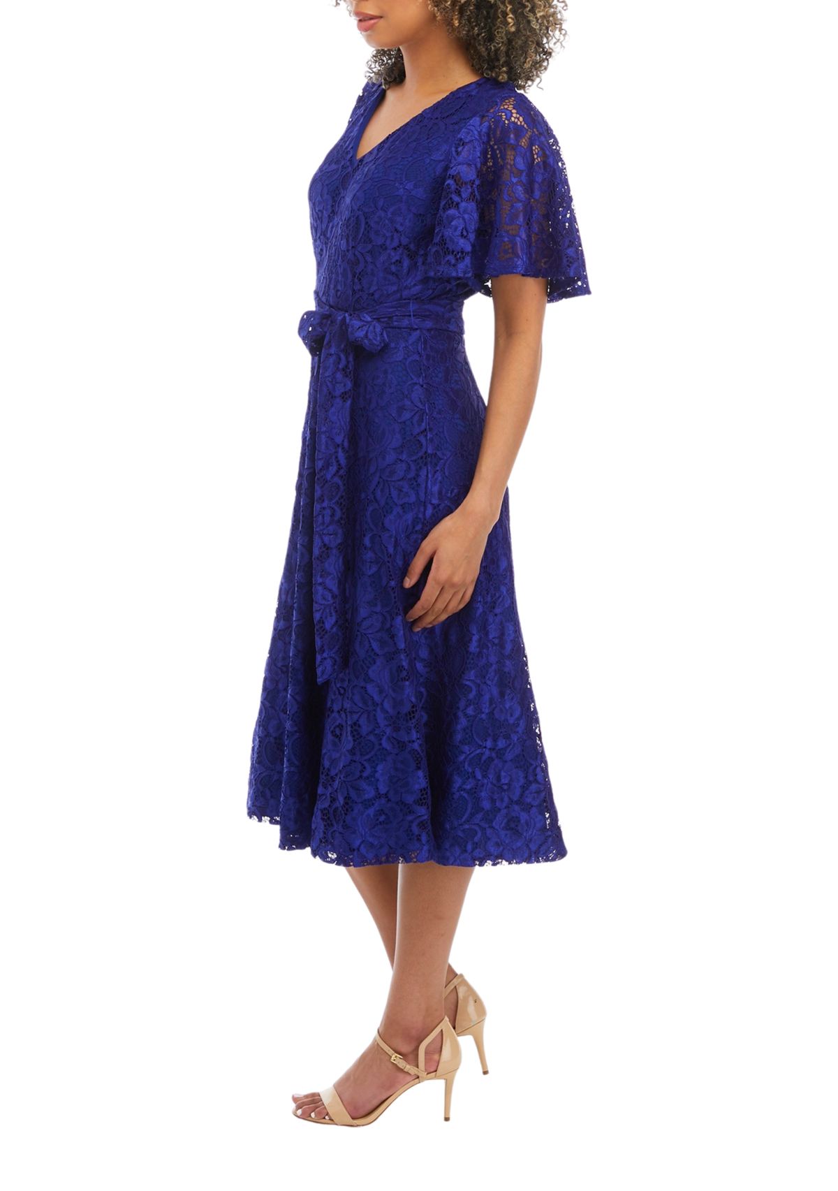Womens V-Neck Lace Flutter Sleeve Fit and Flare Dress