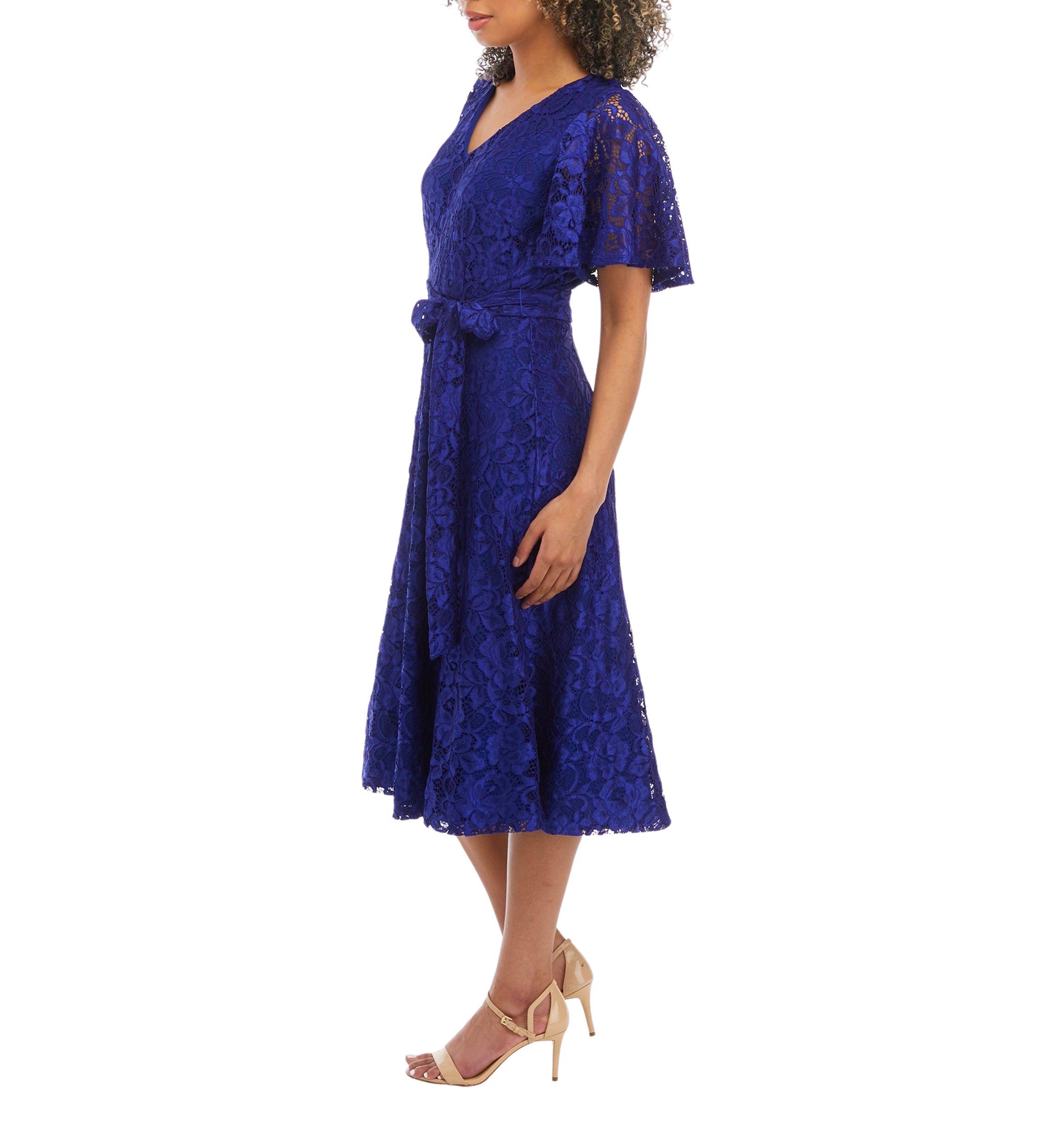 Womens V-Neck Lace Flutter Sleeve Fit and Flare Dress