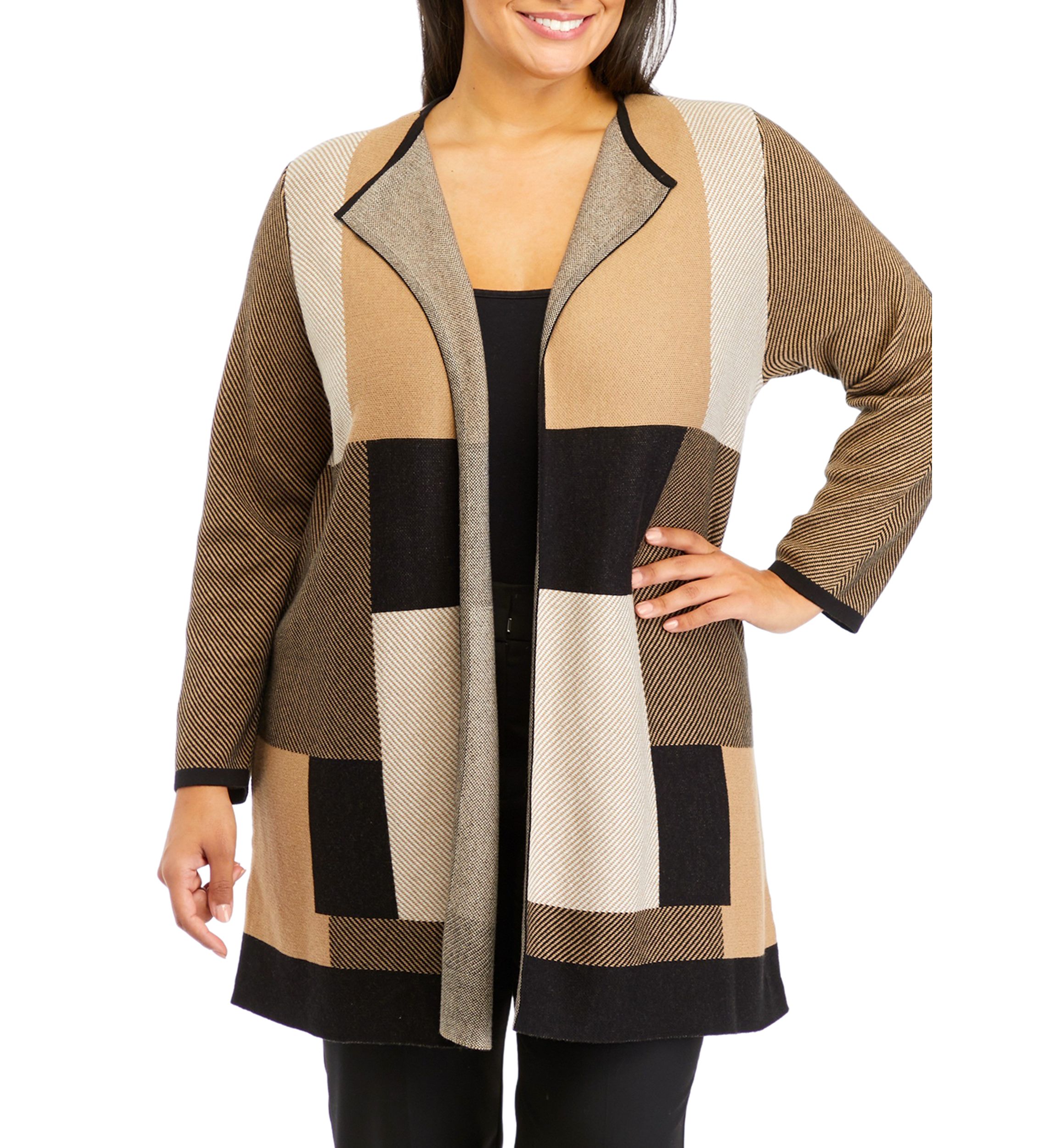 Plus Size Long Sleeve Color Block Cardigan