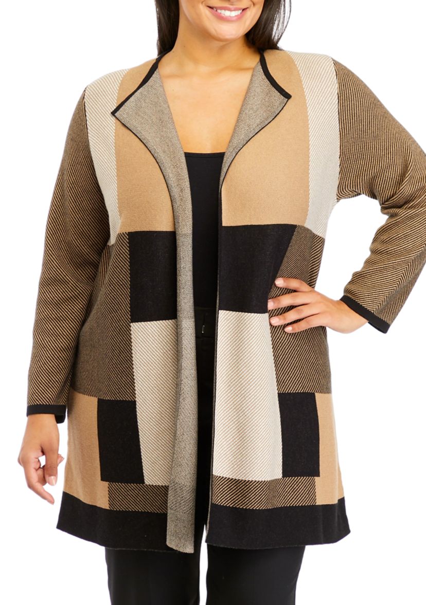 Plus Size Long Sleeve Color Block Cardigan