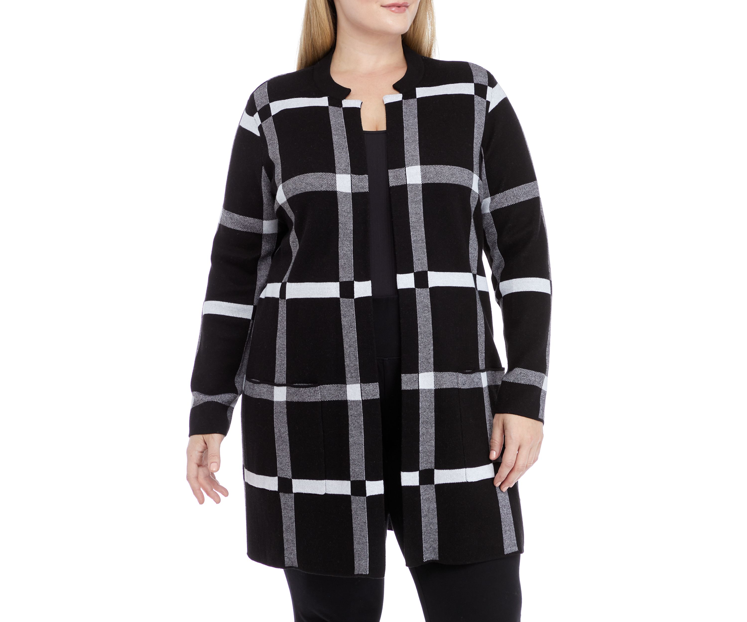 Plus Size Long Sleeve Short Notch Plaid Cardigan