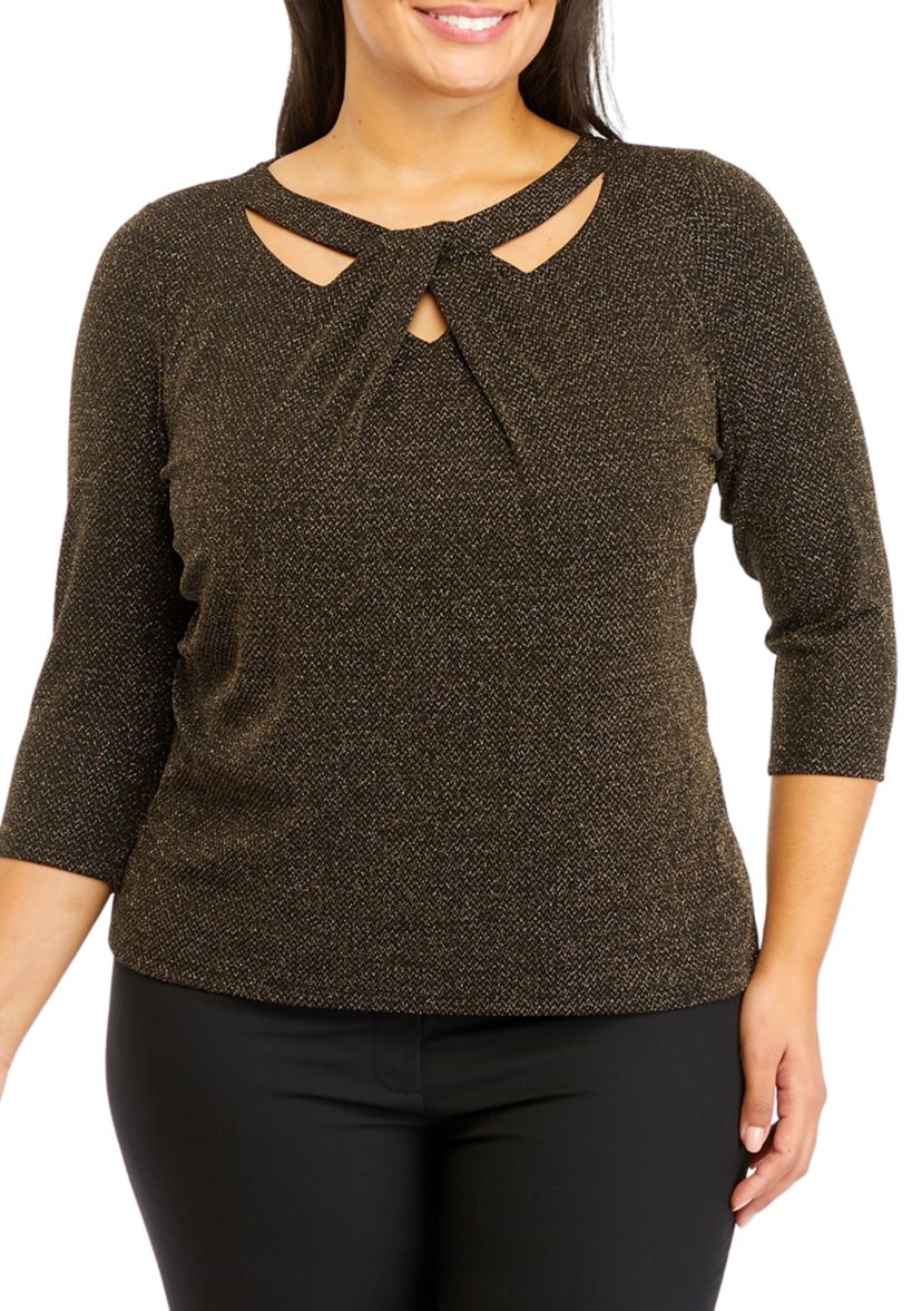 Plus Size 3/4 Sleeve Twist Neck Lurex Knit Top